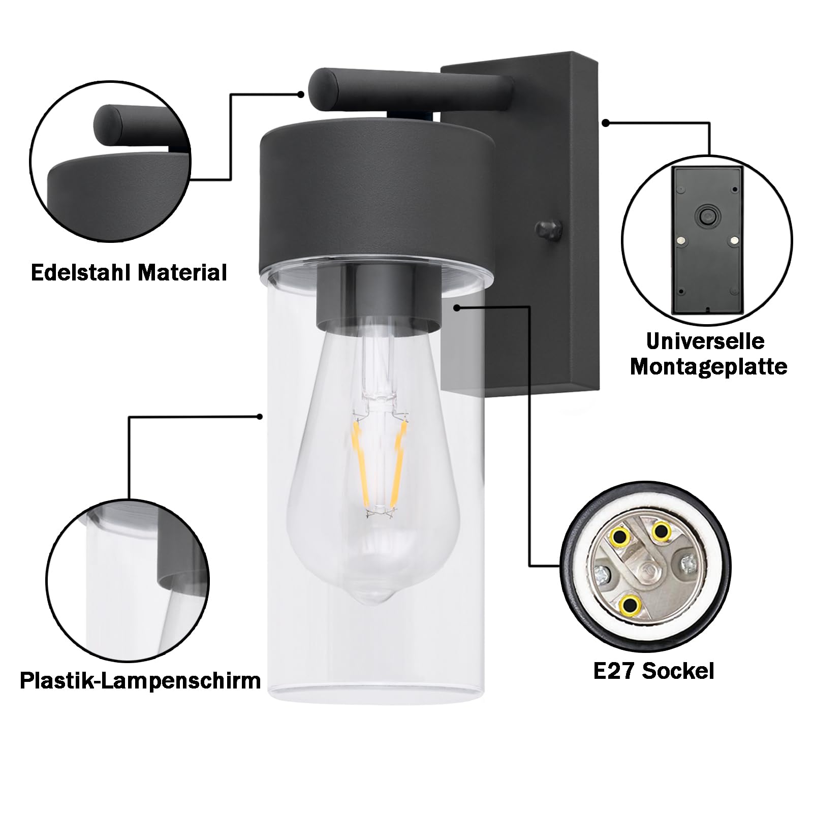 QFZWJ Nowoczesna Lampa Ścienna Zewnętrzna Stal Nierdzewna IP44 E27 60W — miniatura 2