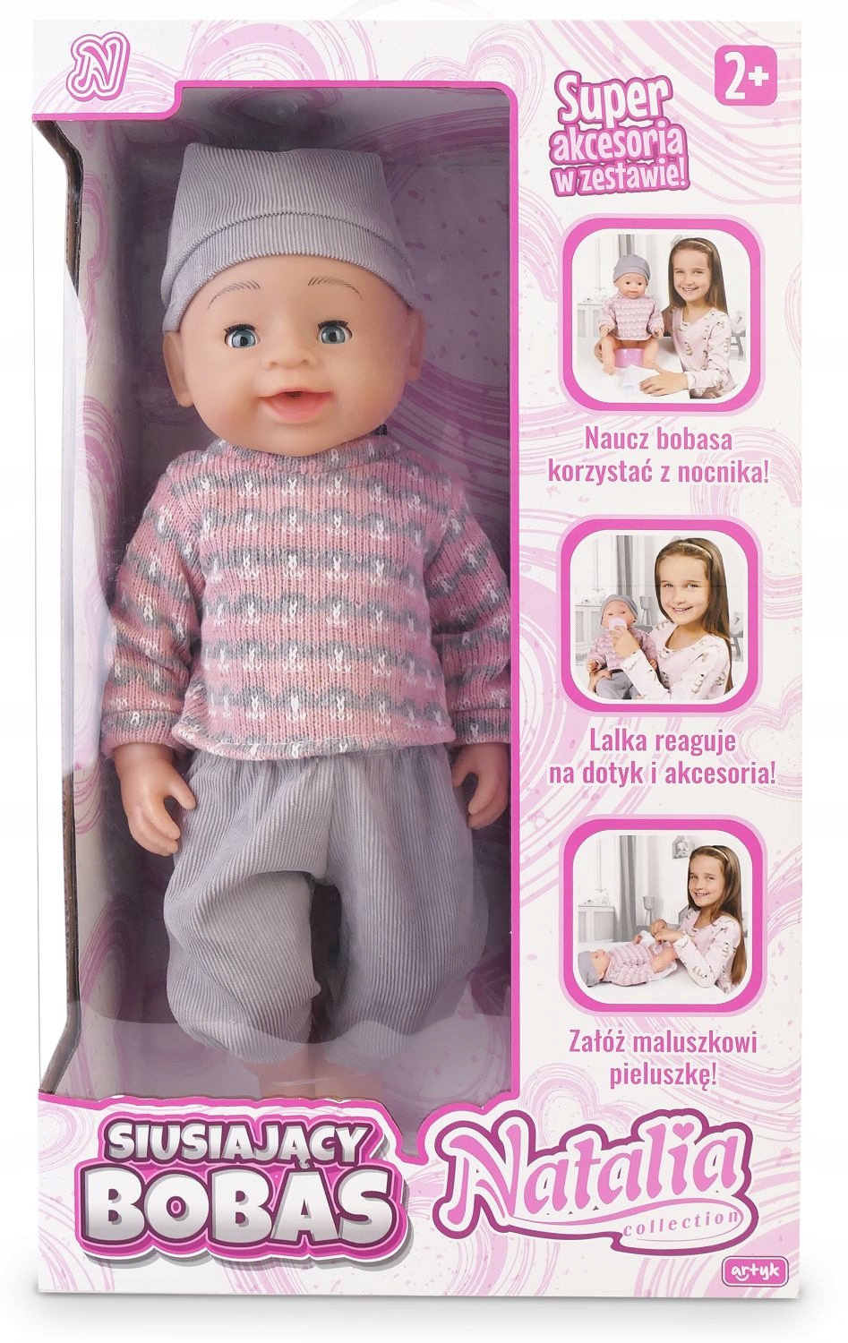 LALKA NATALIA SIKAJĄCA BOBAS 43 cm SIUSIA ŚMIEJE SIĘ GAWORZY Z NOCNIKIEM Kolor różowy