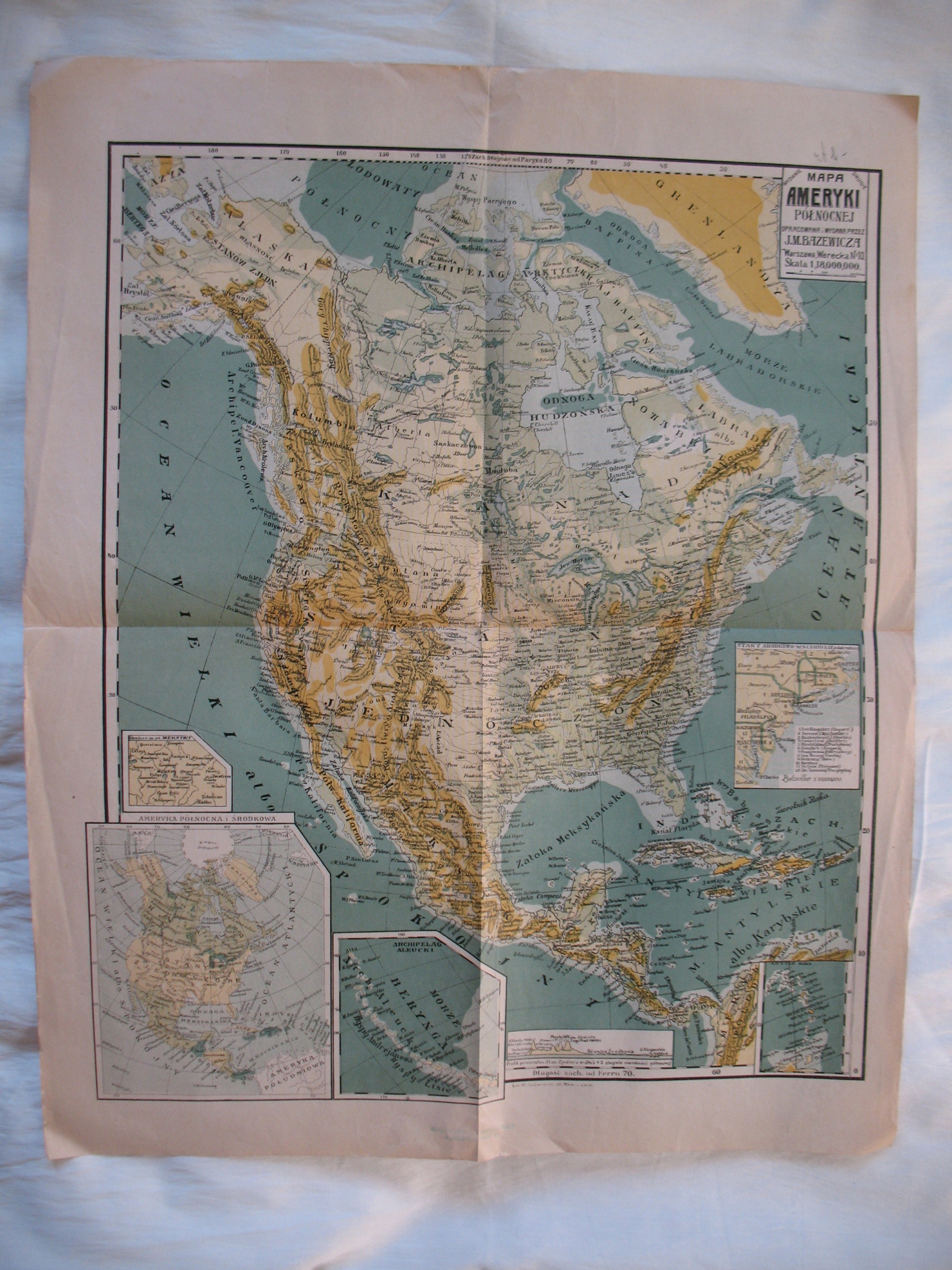 AMERYKA PÓŁNOCNA J.M. BAZEWICZ WARSZAWA przedwojenna MAPA LITOGRAFIA