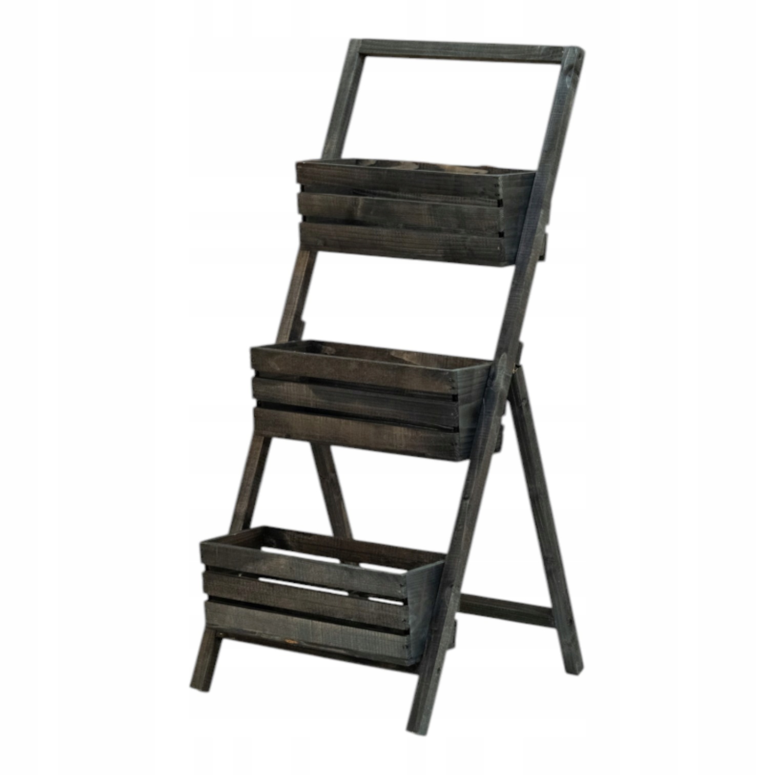 Květinový stojan dřevěný rozkládací na květiny bylinky 3 truhlíky černý107 cm