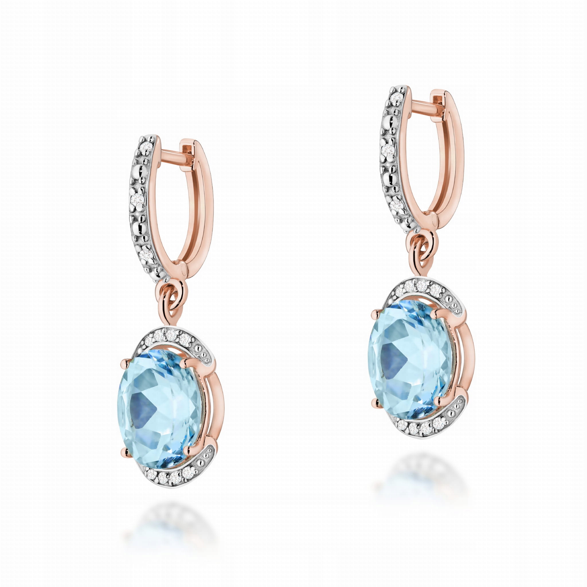 Náušnice ze zlata 585 s topazem a diamanty, růžové zlato, módní vzor 14k