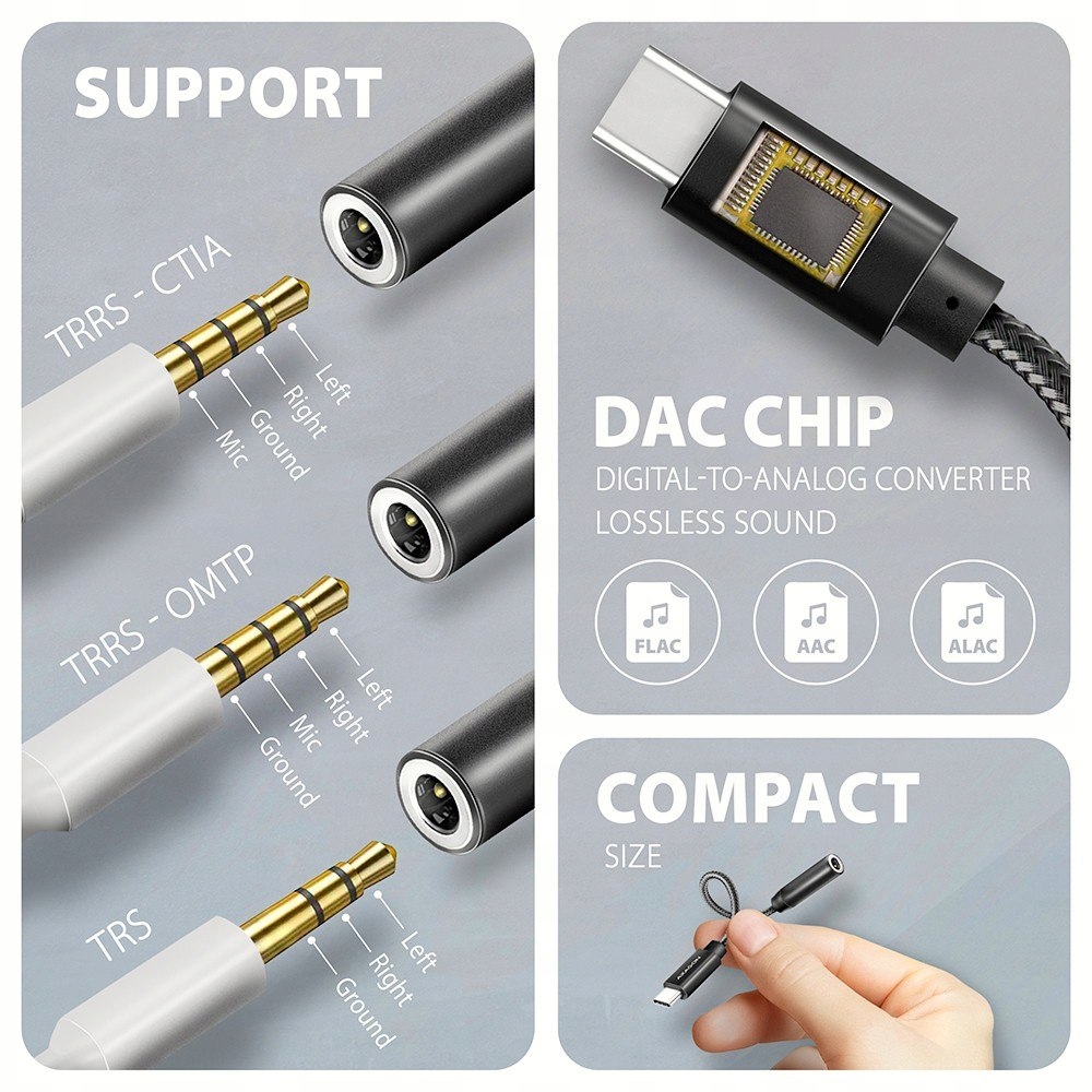 Ada-hc Zewnętrzna karta dźwiękowa Usb-c 32bit Dac 3.5mm (f) złącze, 384kHz