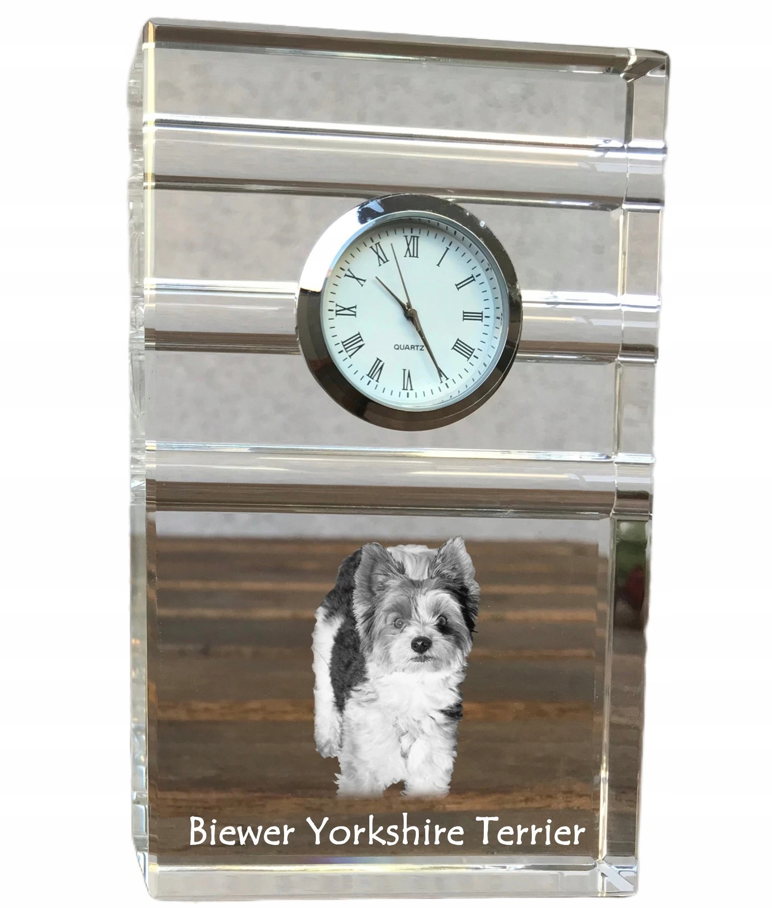 Biewer Yorkshire Terrier krištáľové stolové hodinky s vašou fotografiou