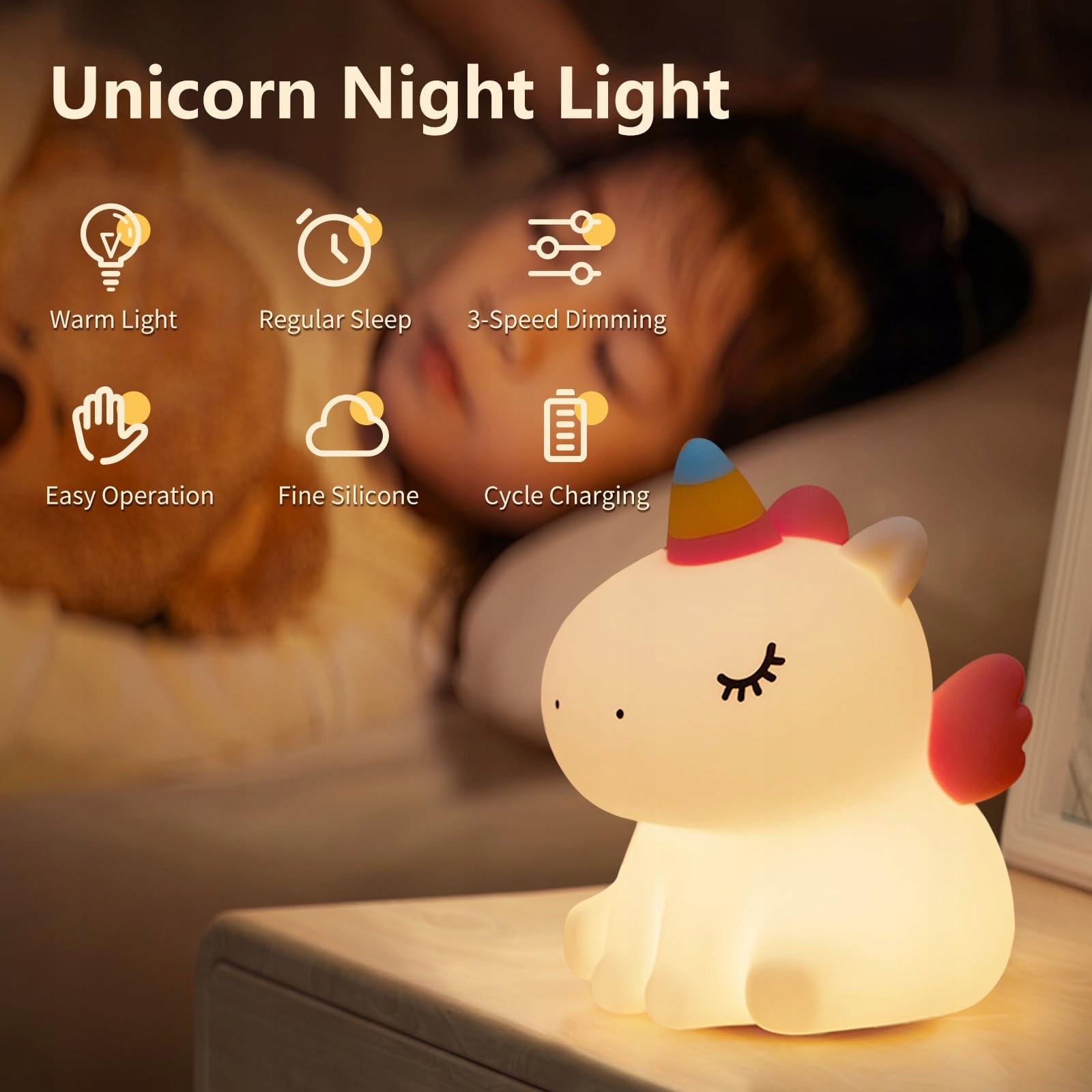 AMMTOO Lampka Nocna Jednorożec Dla Dzieci Silikonowa USB Dotykowa — miniatura 3