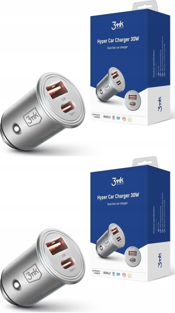 Ładowarka Samochodowa 3MK Charger Usb Usb-c 30W srebrna x 2 Sztuki