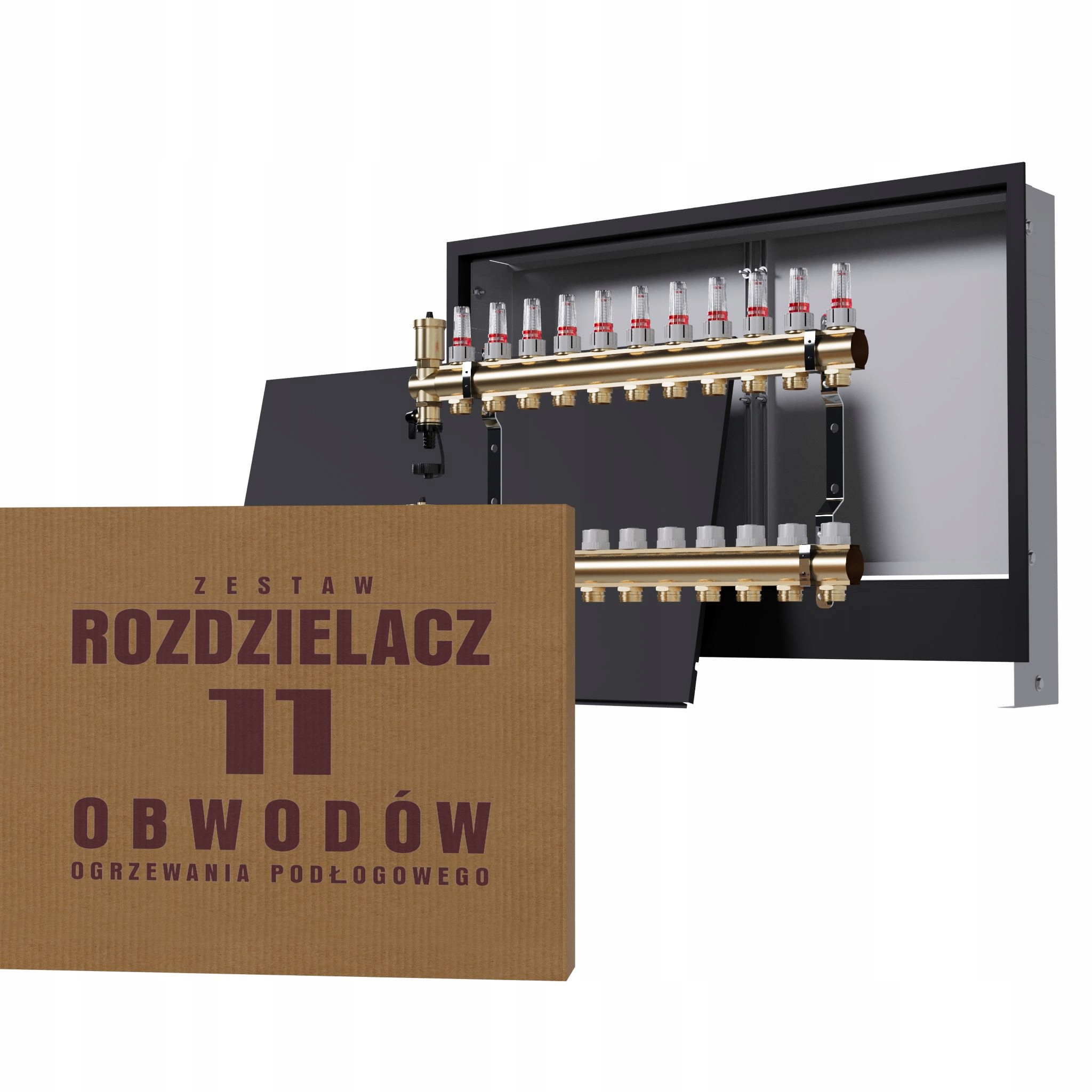 Rozdělovač pro 11-okruhovou mosaznou podlahu a podomítkový box, černý