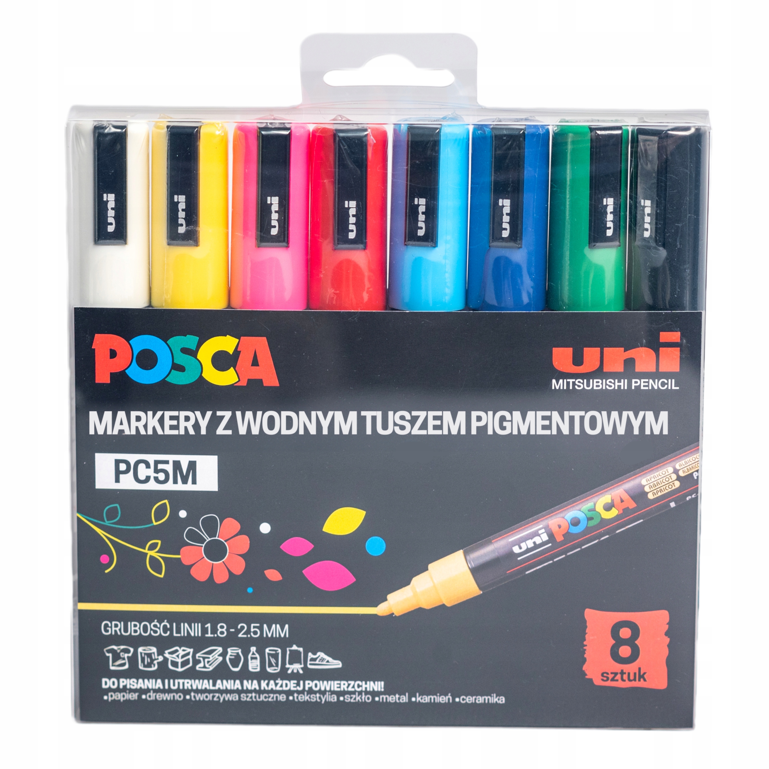 Markery Uni Posca z wodnym tuszem pigmentowym ZESTAW 8szt. PUDEŁKO