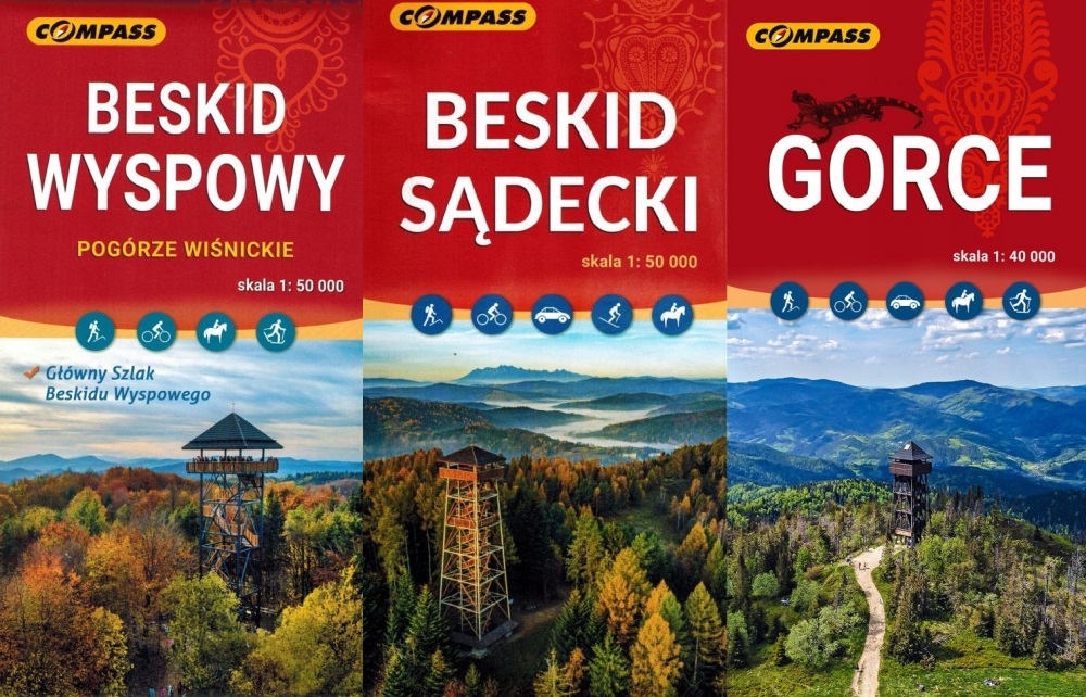 BESKID WYSPOWY SĄDECKI GORCE MAPA TURYSTYCZNA x 3 ZESTAW COMPASS