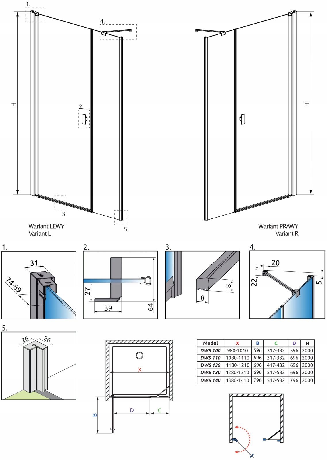 Drzwi prysznic RADAWAY Nes Black DWS 140 L grafit Typ drzwi uchylne