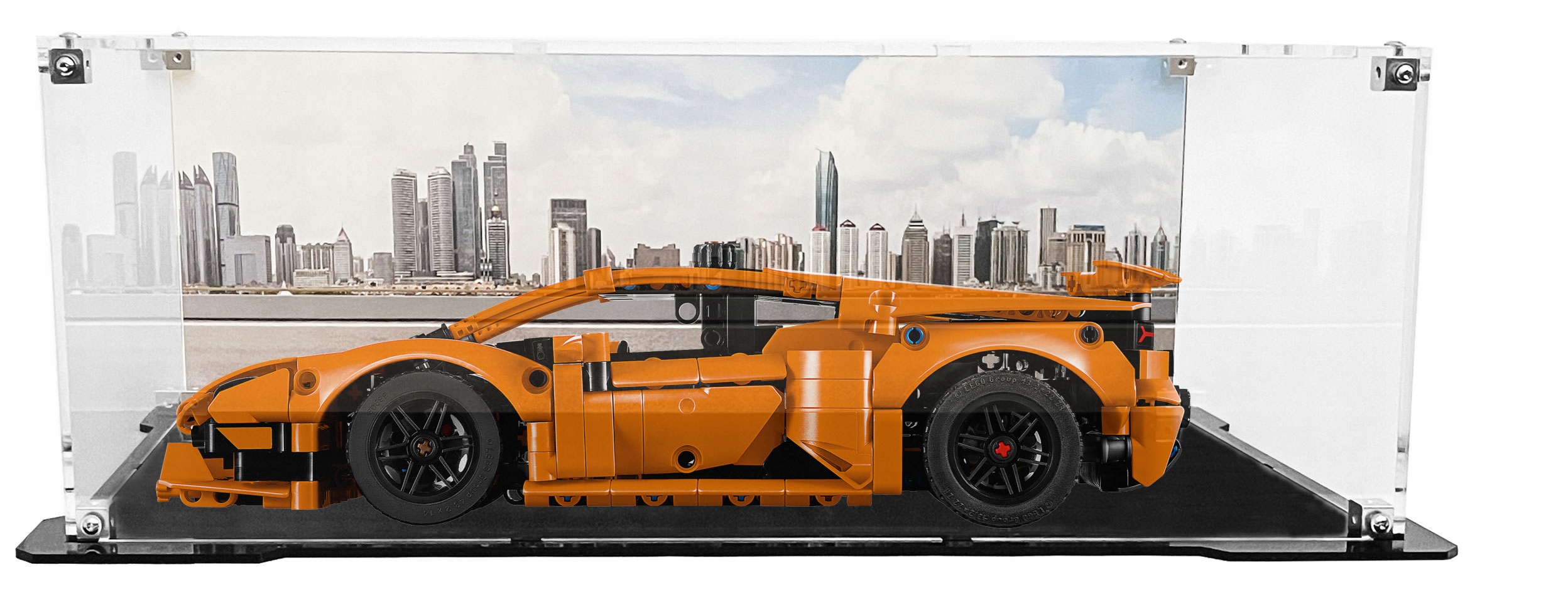 Vitrína s černou základnou a pozadím pro stavebnici Lego 42196 Lamborghini Huracán