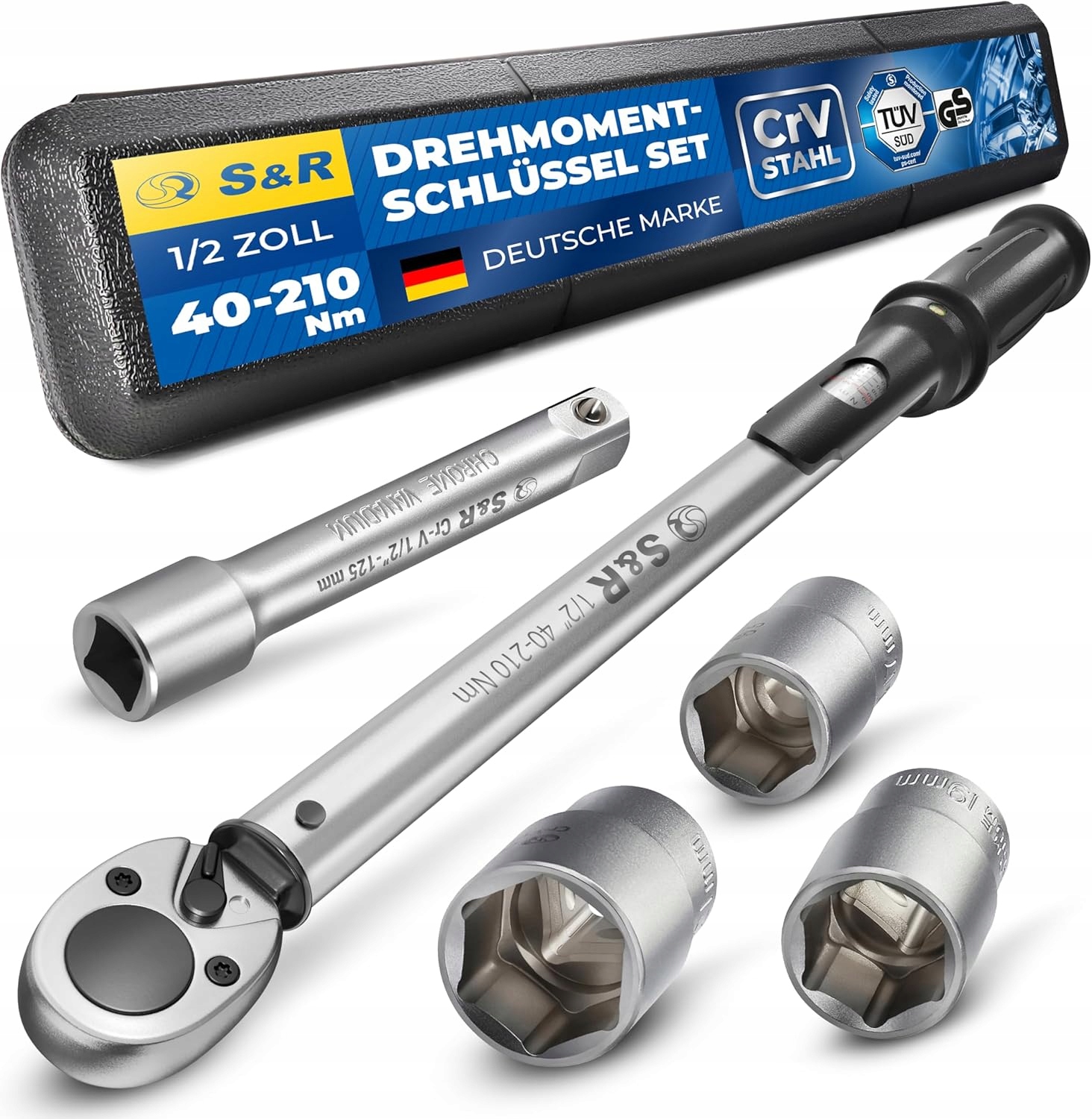 S&r Momentový kľúč profi 1/2" 40-210 Nm, sada 3 nástavcov, predĺženie