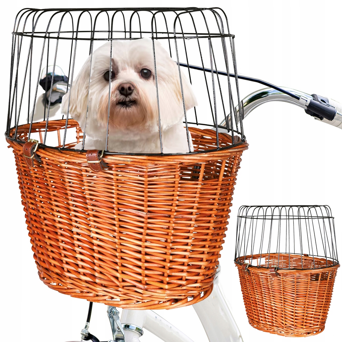 Levně Proutěný košík na kolo pro psa na řídítka, s mřížkou, přepravka košík