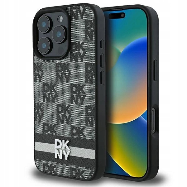 Pouzdro Dkny s kostkovaným vzorem a potiskem pruhů pro iPhone 16 Pro černé