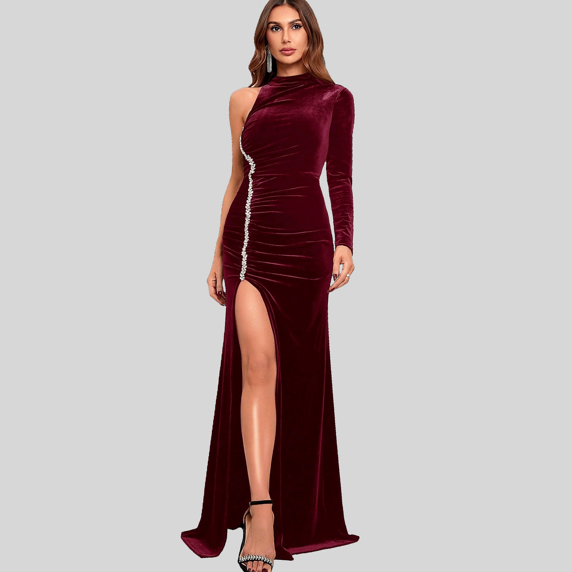 Šaty Bodycon Burgundská s zirkony a rozparkem Shein M 38