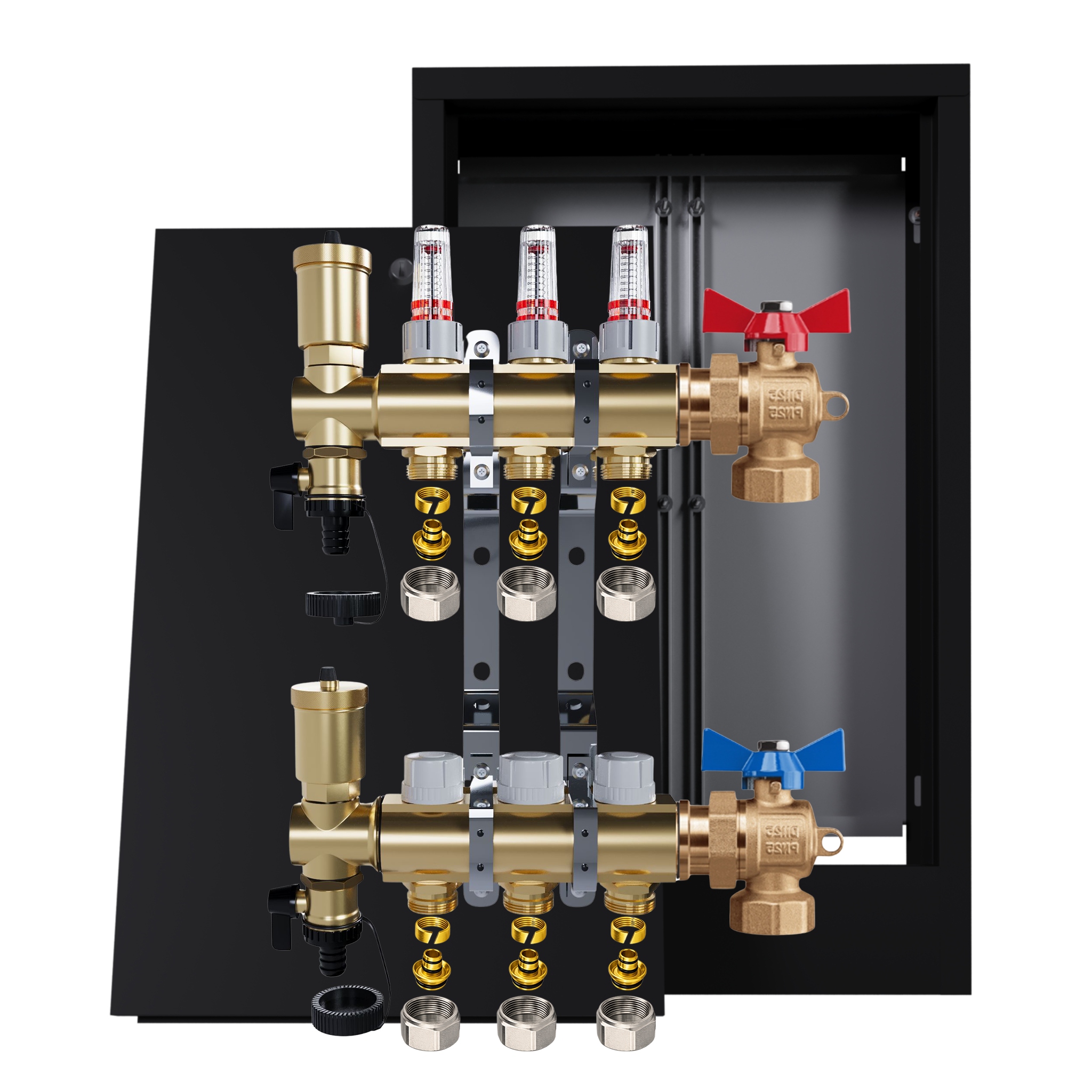 Rozdělovač mosazný podlahový 3 okruhy nástěnná skříňka černá Pex