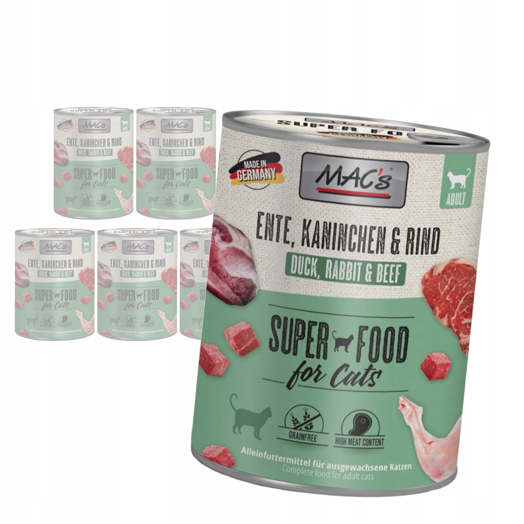 MAC's 6x800g Bezobilné Mokré Krmivo Pro Kočky Kachna Králík Hovězí maso