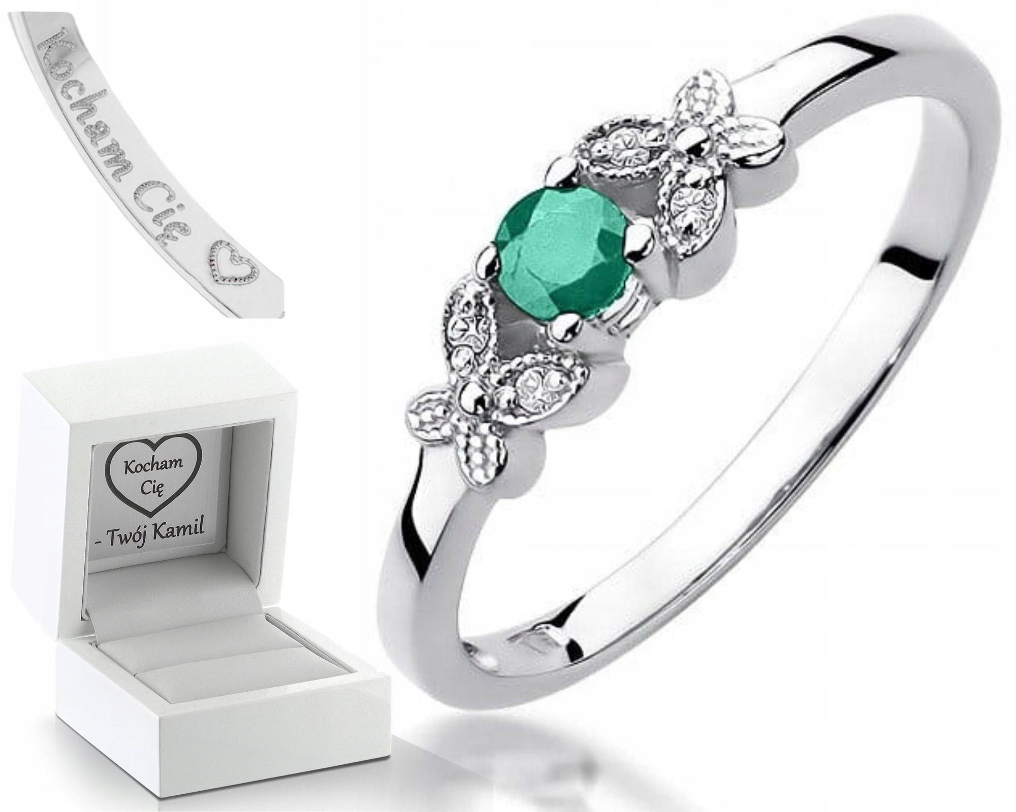 Prstýnek Smaragd Bílé Zlato Brilianty Gravírování