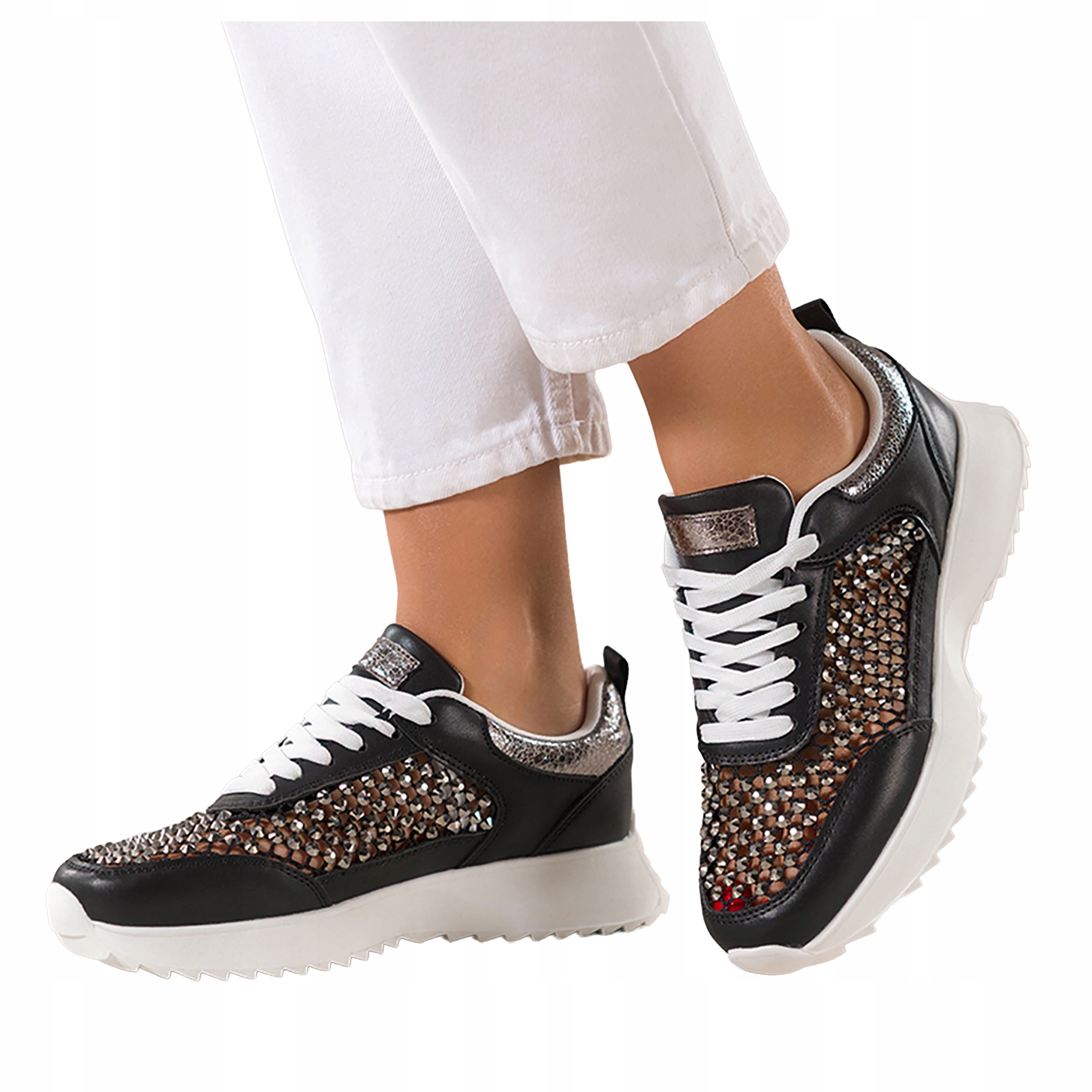 Černé dámské sportovní tenisky na platformě, šněrovací, Ažurové, velikost 38