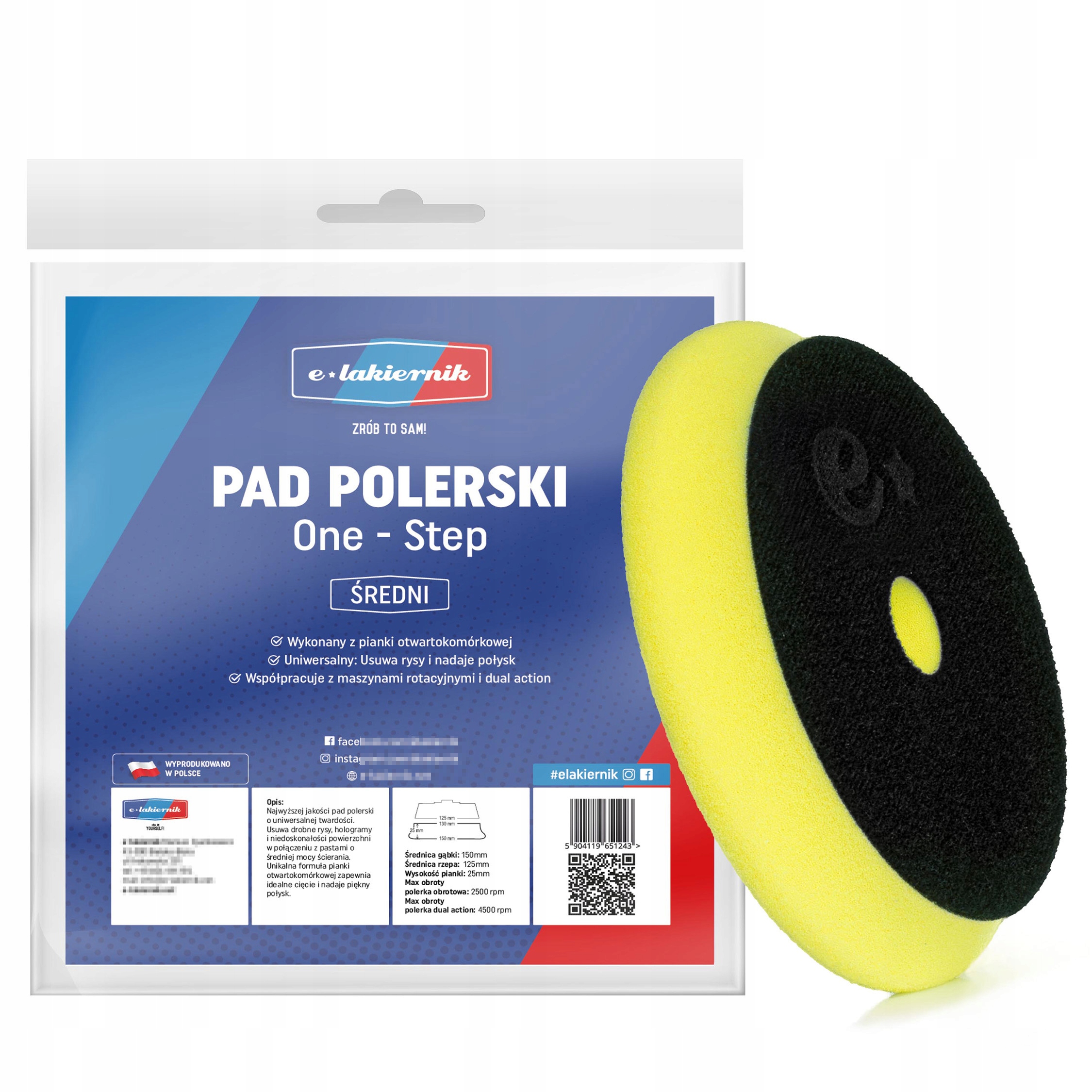 Pad Polerski Średni Premium 150mm Rzep 125mm Gąbka Tarcza Żółta e-lakiernik