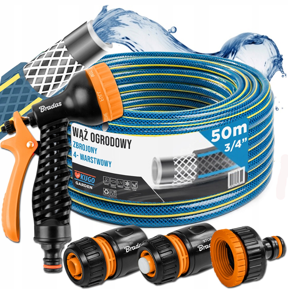 Hadice 3/4" 50 m 4 Vrstvy Spojovací Pistole Set Bradas