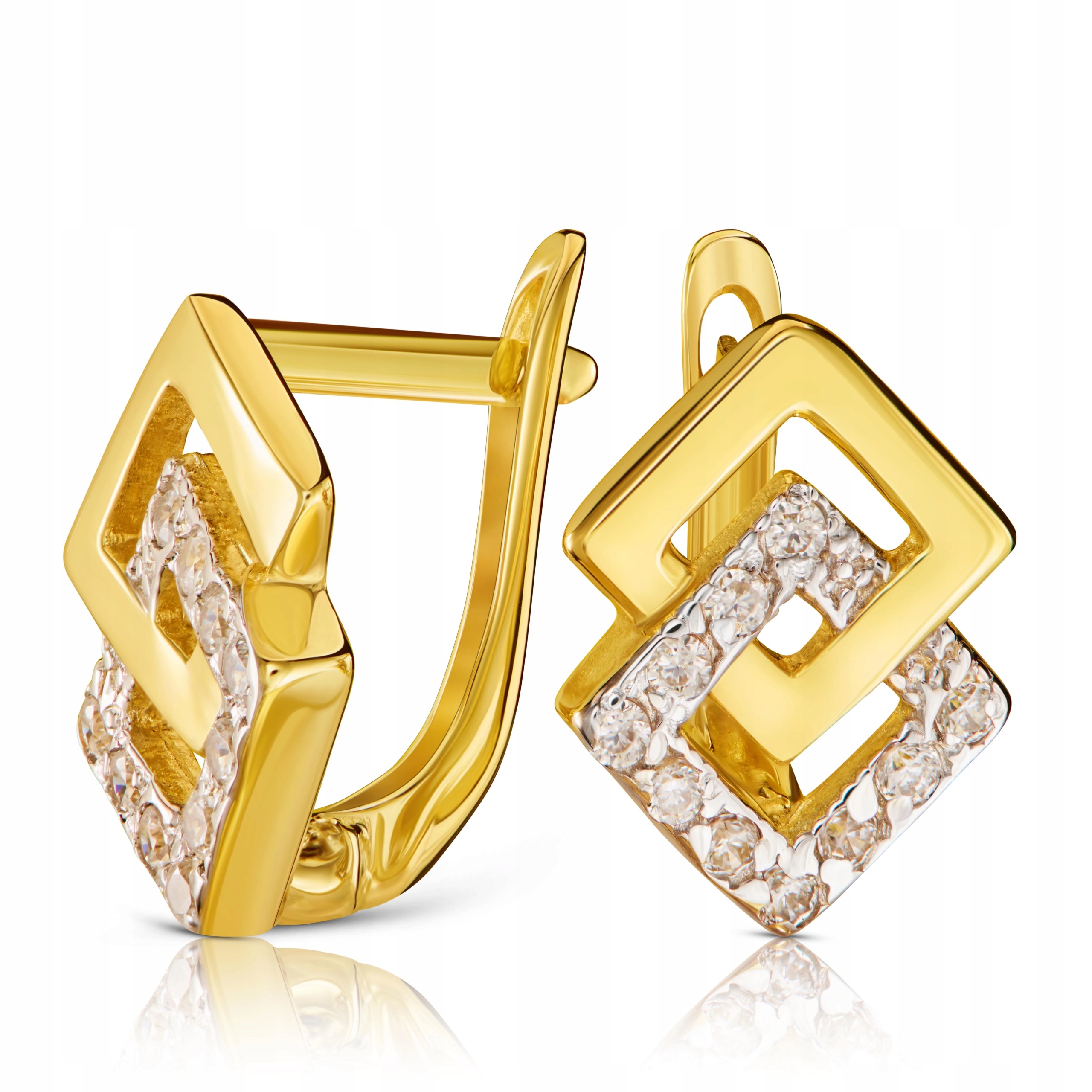 Zlaté Náušnice 585 Dvojité Kosočtverce Bílé Kameny Elegantní Na Angličtině