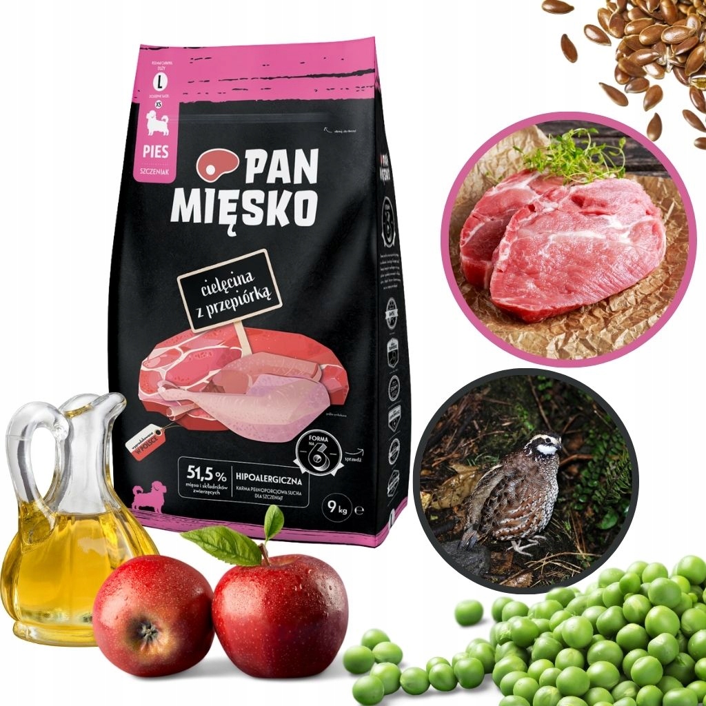 Pan Mięsko Karma Pies cielęcina z przepiórką L dla szczeniąt 9kg