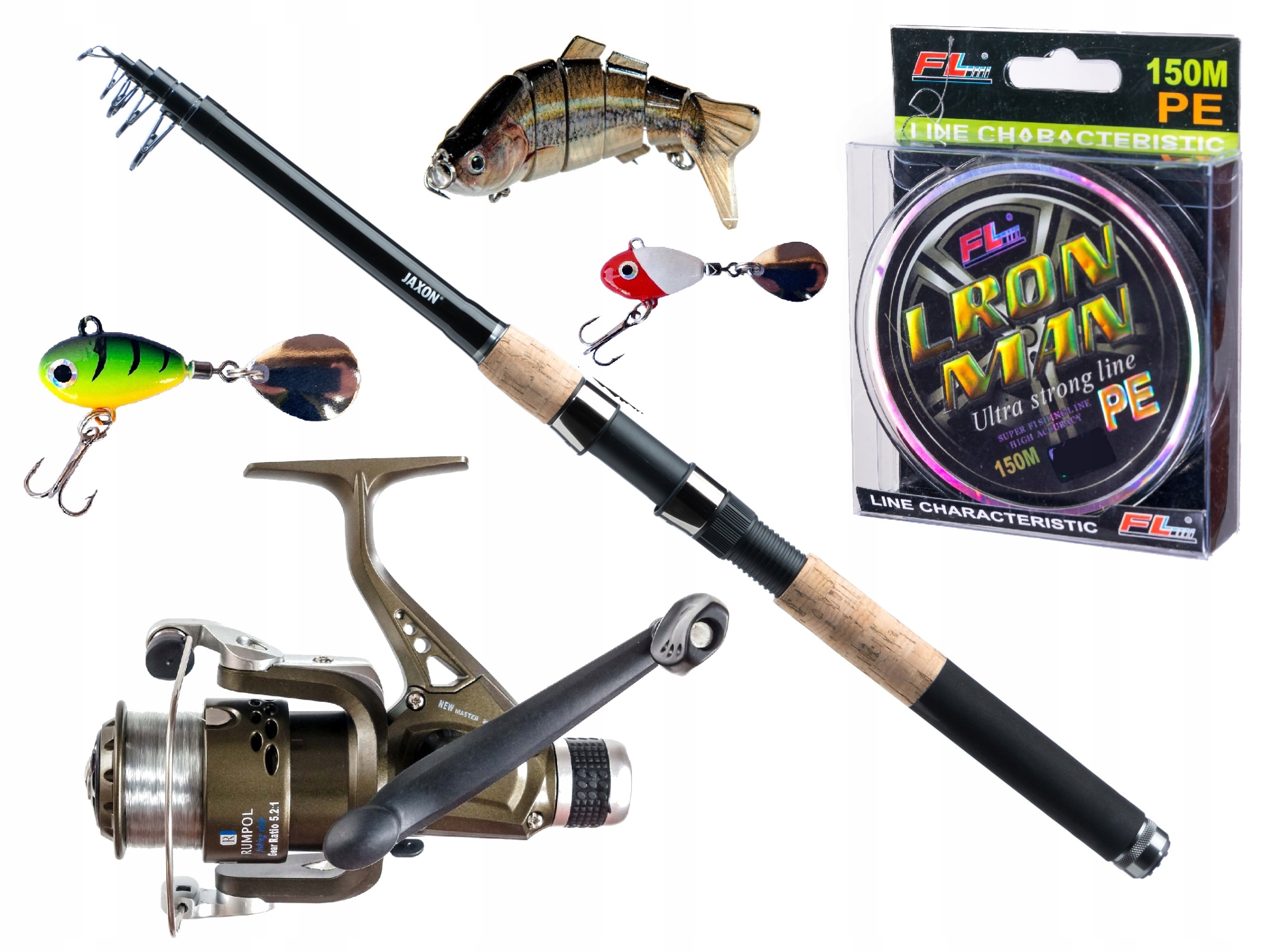 Zestaw Spinningowy Wędka Jaxon na Szczupaka Kołowrotek Plecionka Wobler