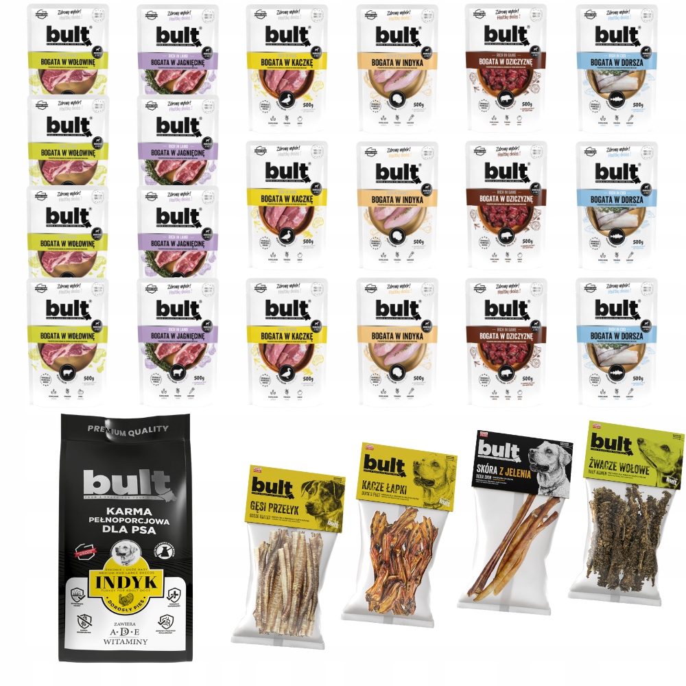 Levně Krmivo Pro Psa Bult MIX Chutí Mokré sáčky 20x500g Suché 3kg +dárek