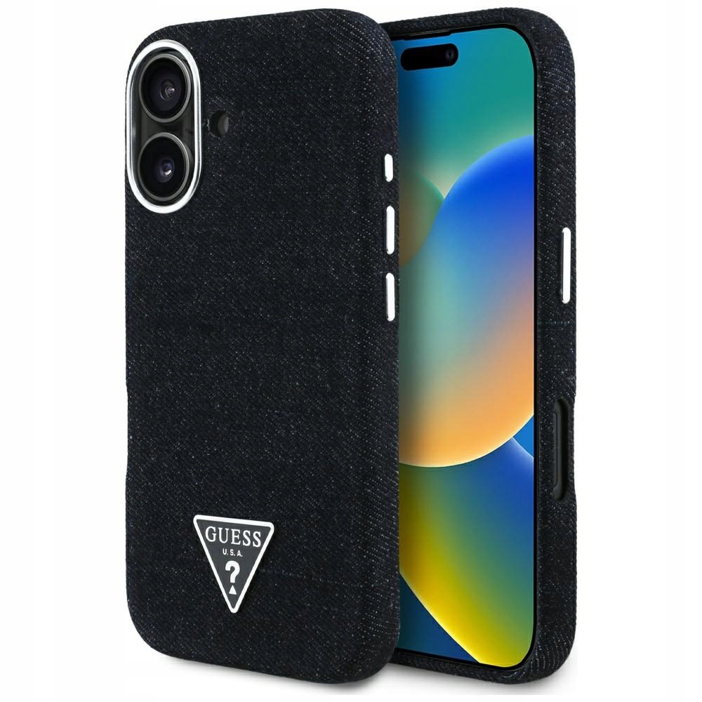 Pouzdro Guess Denim Triangle Logo MagSafe pro iPhone 16, černé