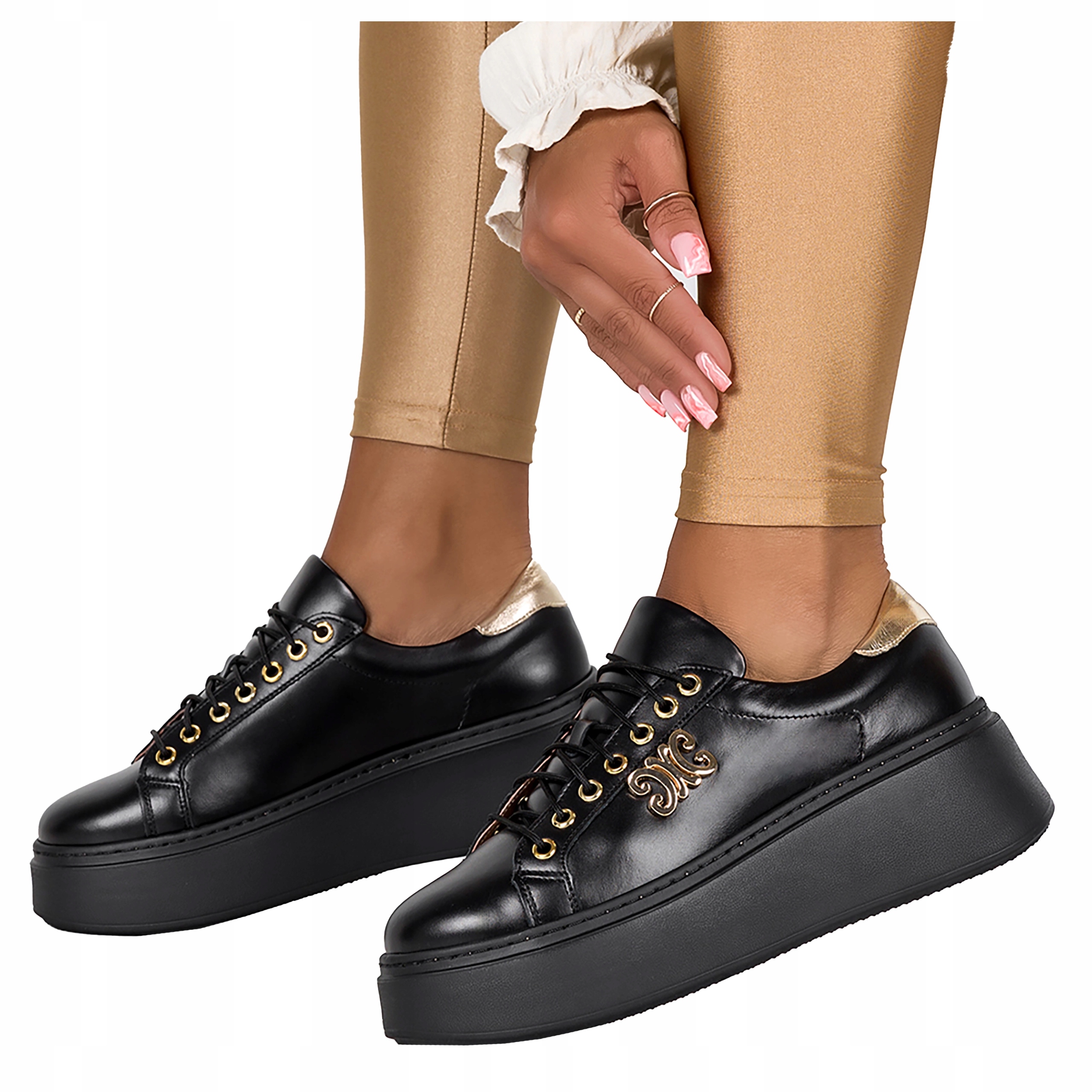 Černé Kožené Tenisky Dámské Pohodlné Šněrovací S Ozdobou Modne vel. 38