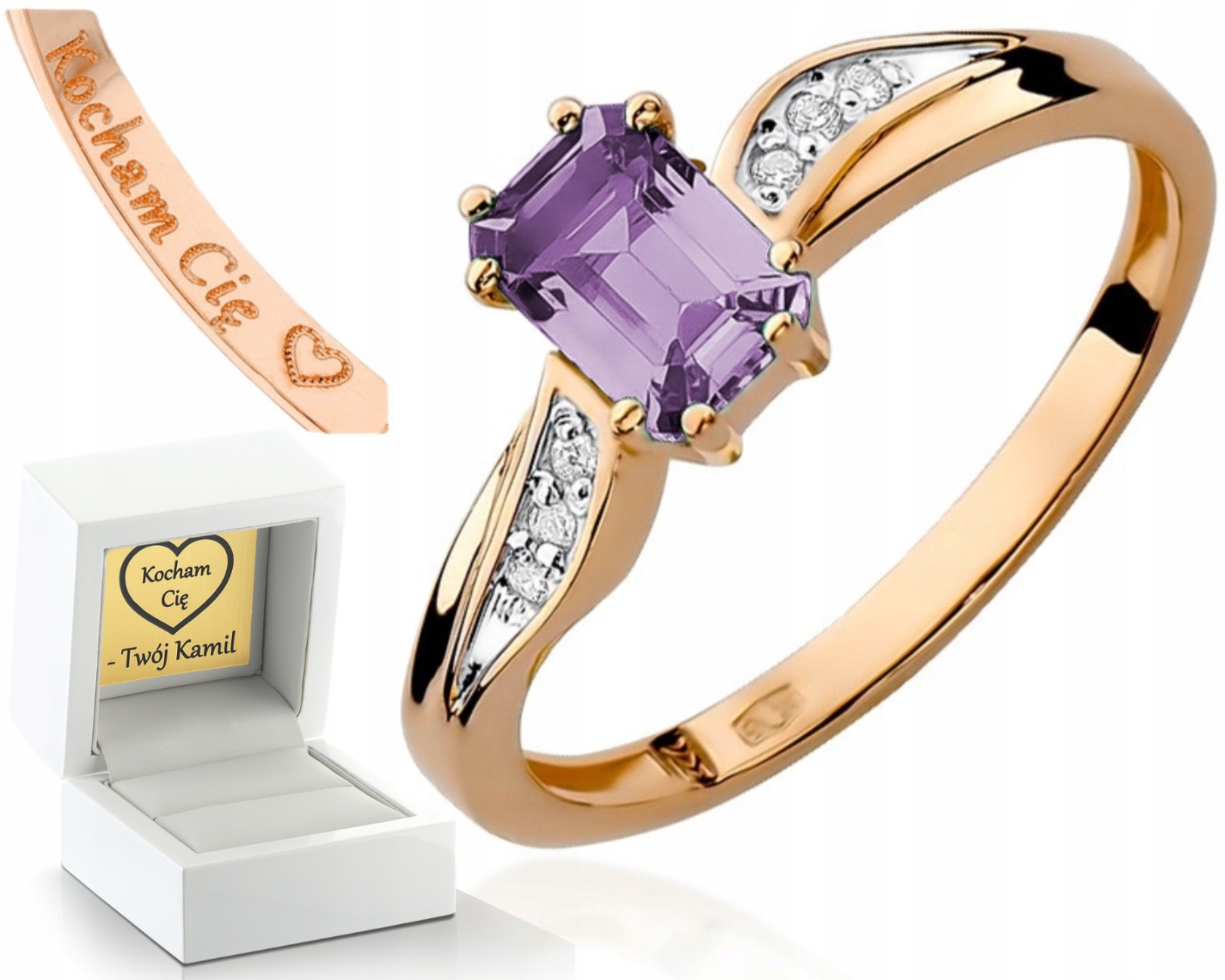 Prstýnek S Ametystem Růžové Zlato Gravírování Bonus