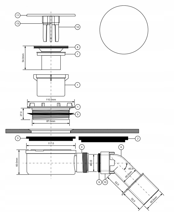 McAlpine Syfon brodzikowy niski wys. 60mm z odejściem 40/50mm, otwór 90mm