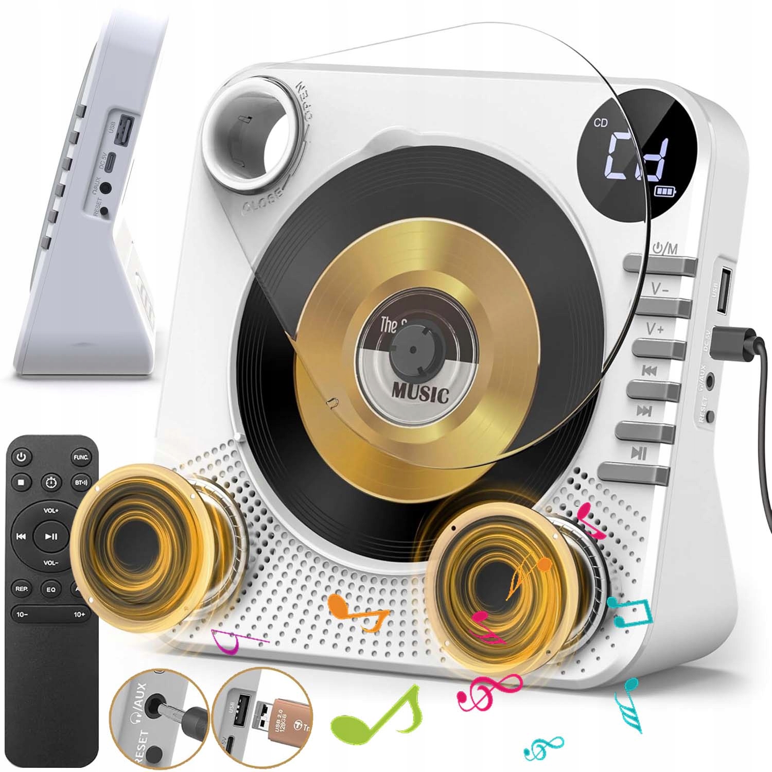 Přenosný Přehrávač CD Reproduktor Bluetooth 5.0 Rádio Bílý Aux Usb Fm MP3