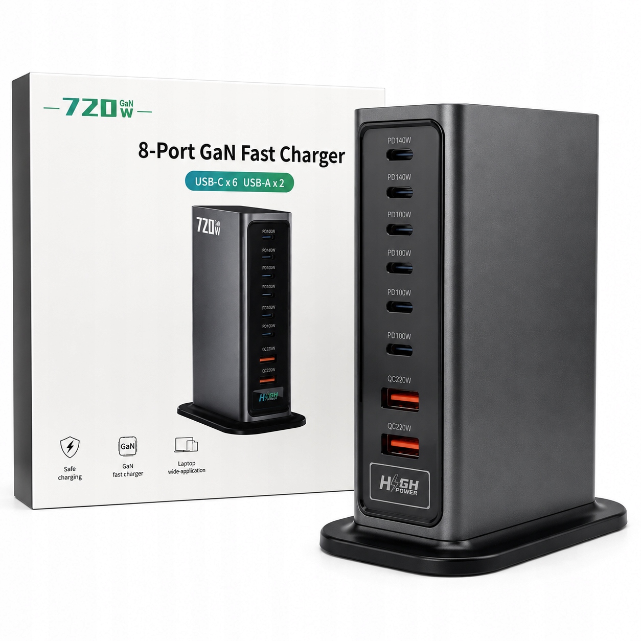 Nabíječka GaN 720W 8 Portů Usb-c Usb-a Pd Stanice Macbook iPHONE Samsung