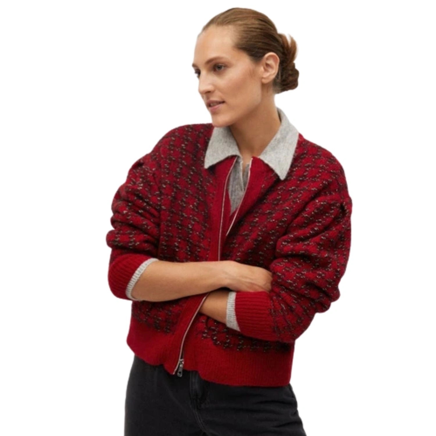 Dámský svetr Mango s zapínáním, červený s vlnou, vel.