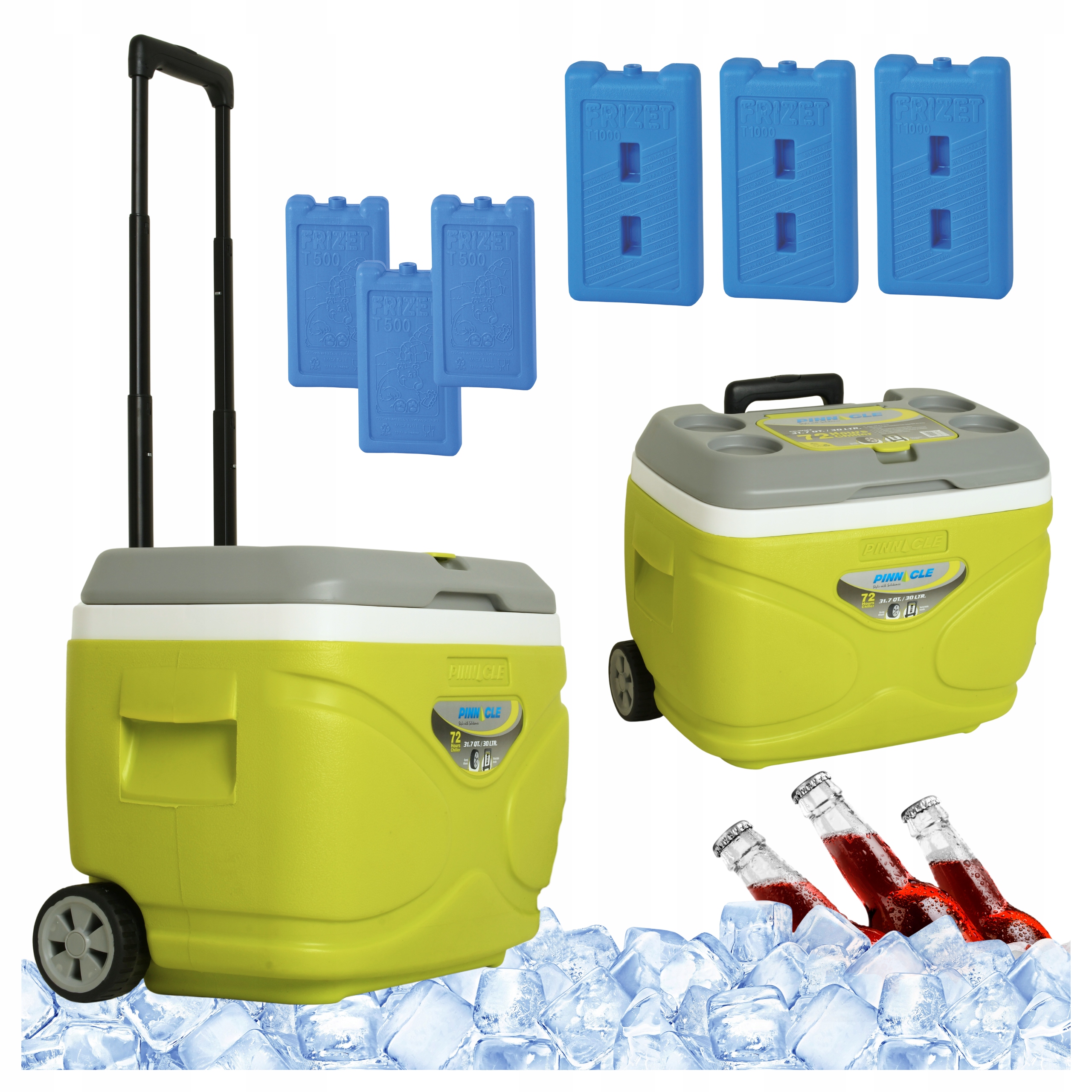 Turistická lednička s kolečky Pinnacle 30 l lime 6 náplní 3x 1000 ml 3x 500 ml