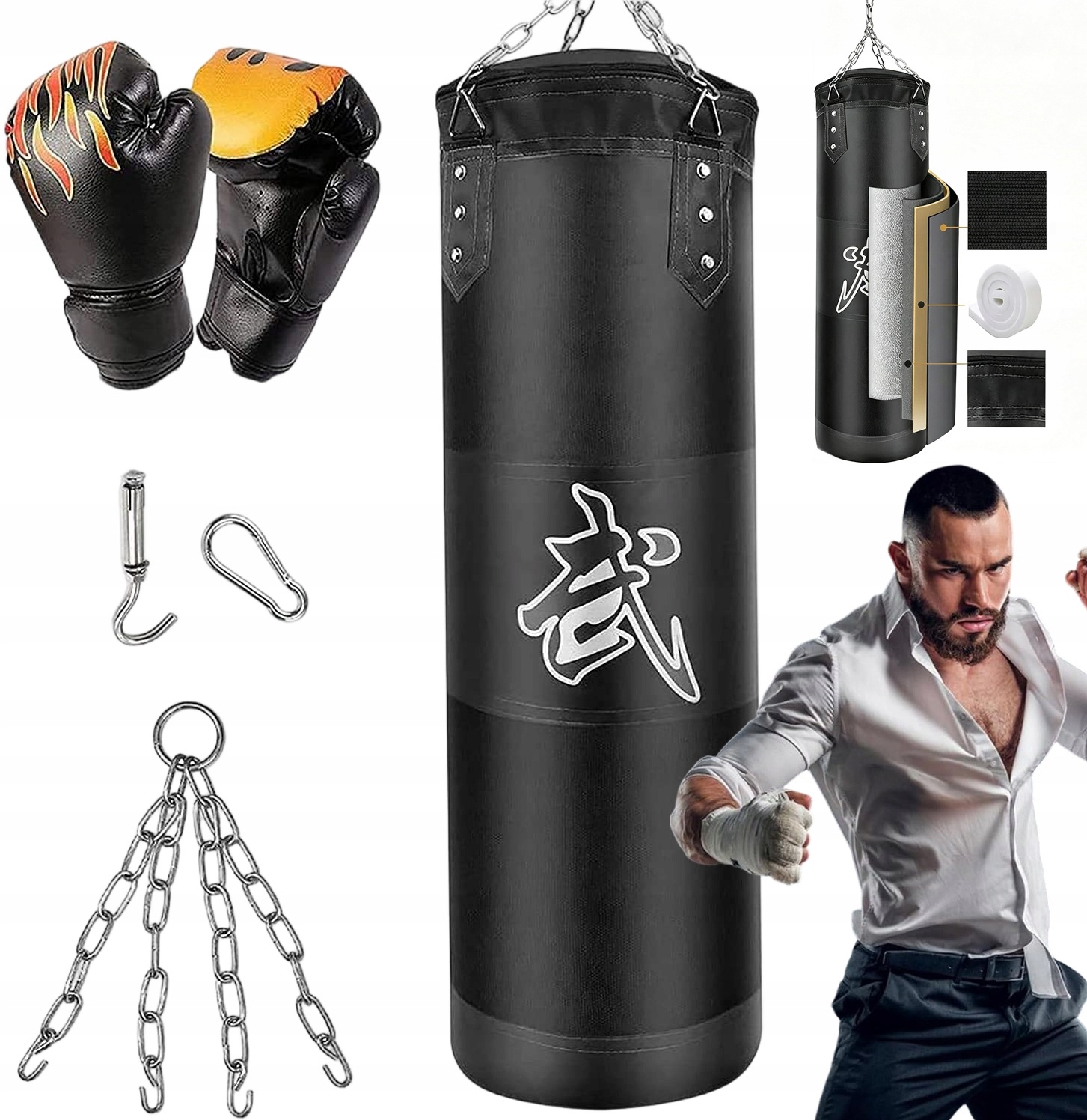 Zestaw Bokserski Worek Treningowy Rękawice Bushido Owijki 119x33CM