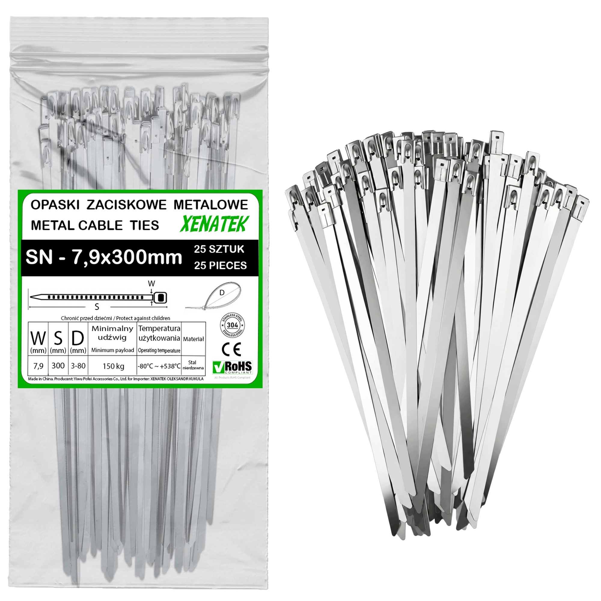 Opaski zaciskowe 7,9x300 25 szt stalowe metalowe Stal Nierdzewna 304 trytki