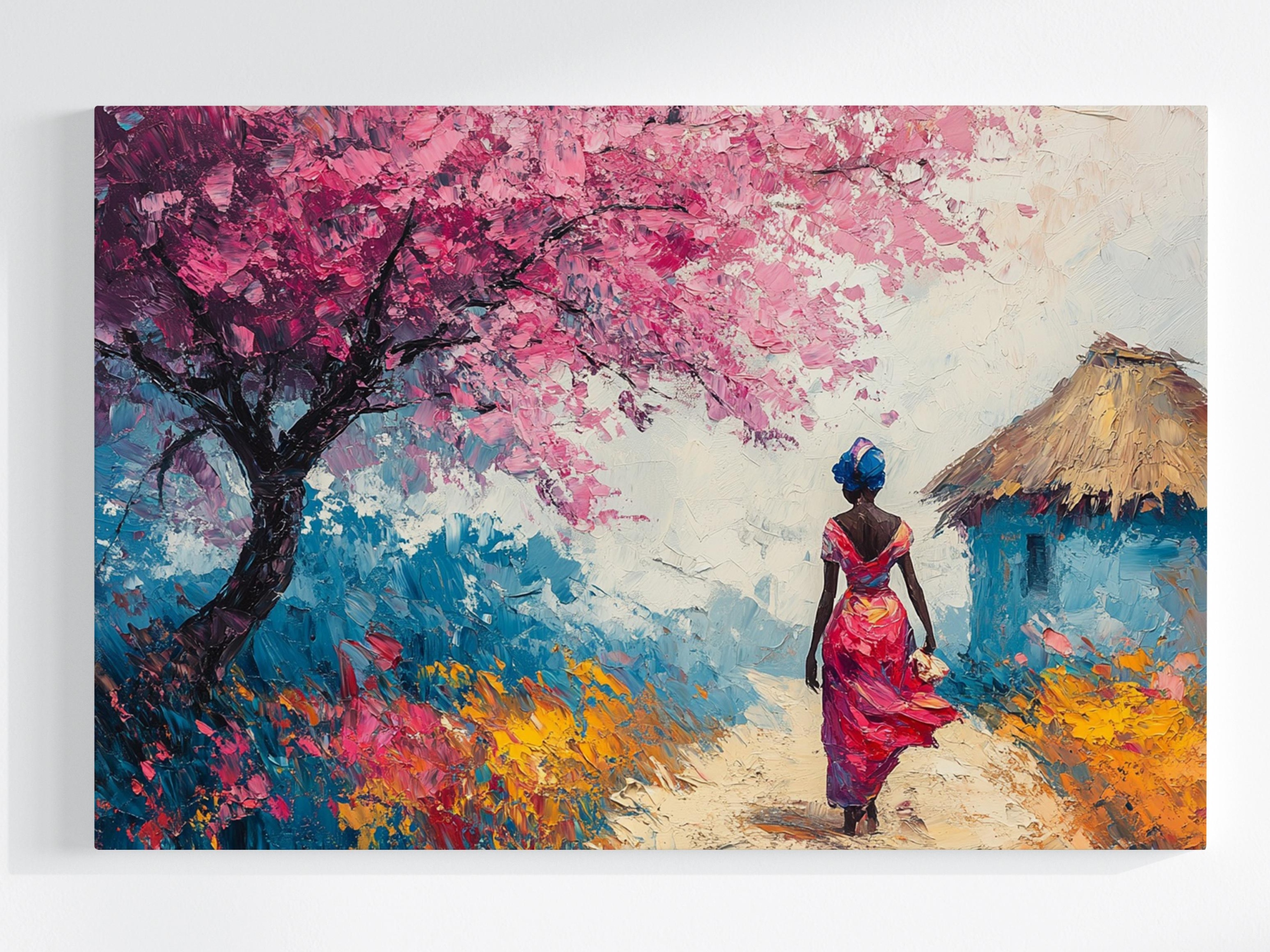 Obraz Na Plátně Canvas Krajina Afrika Strom Květiny Žena Procházka 120x80