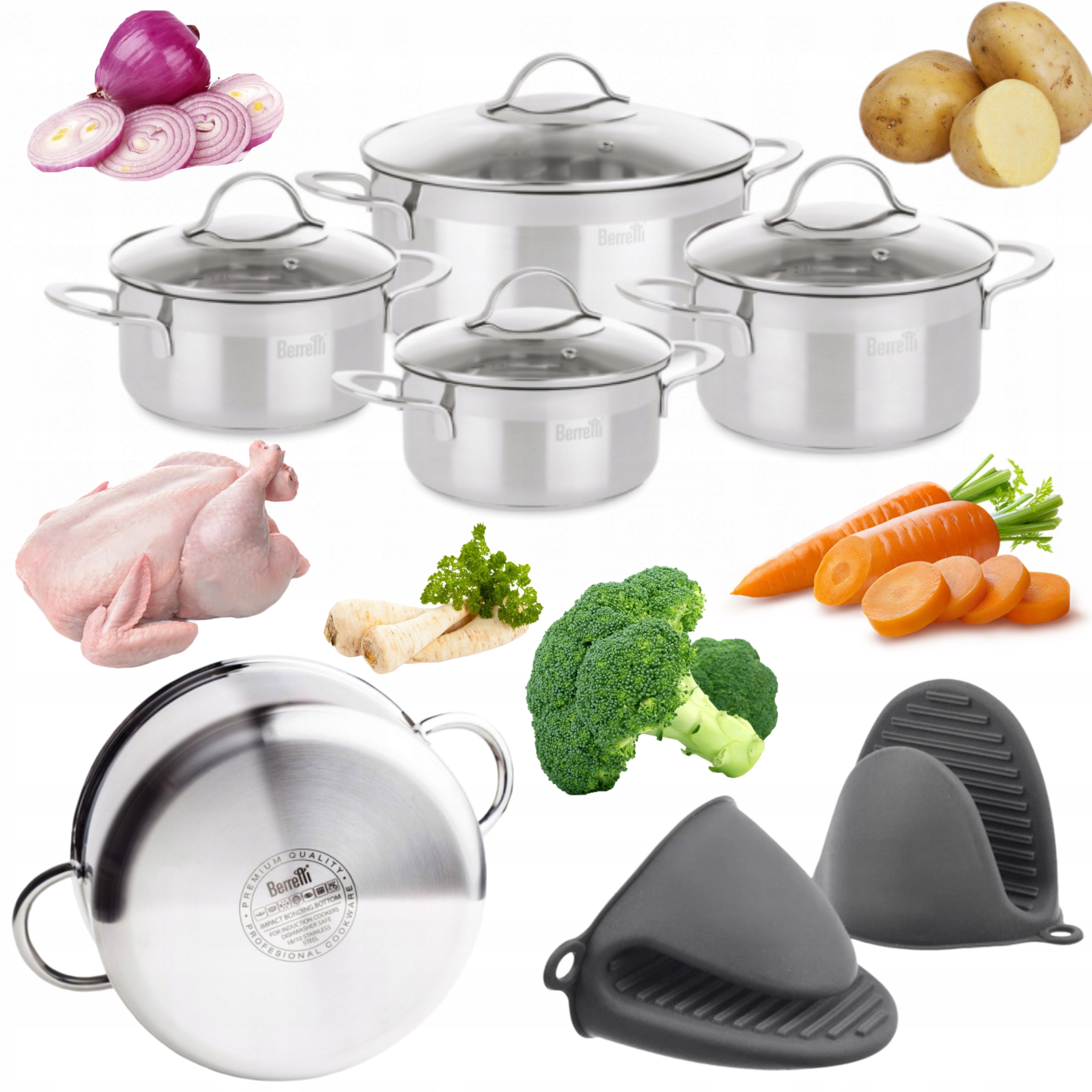 Sada 4 Oceľových Hrncov Berretti Breva, Sada 8 Ks Inox Indukcia Varné Dosky