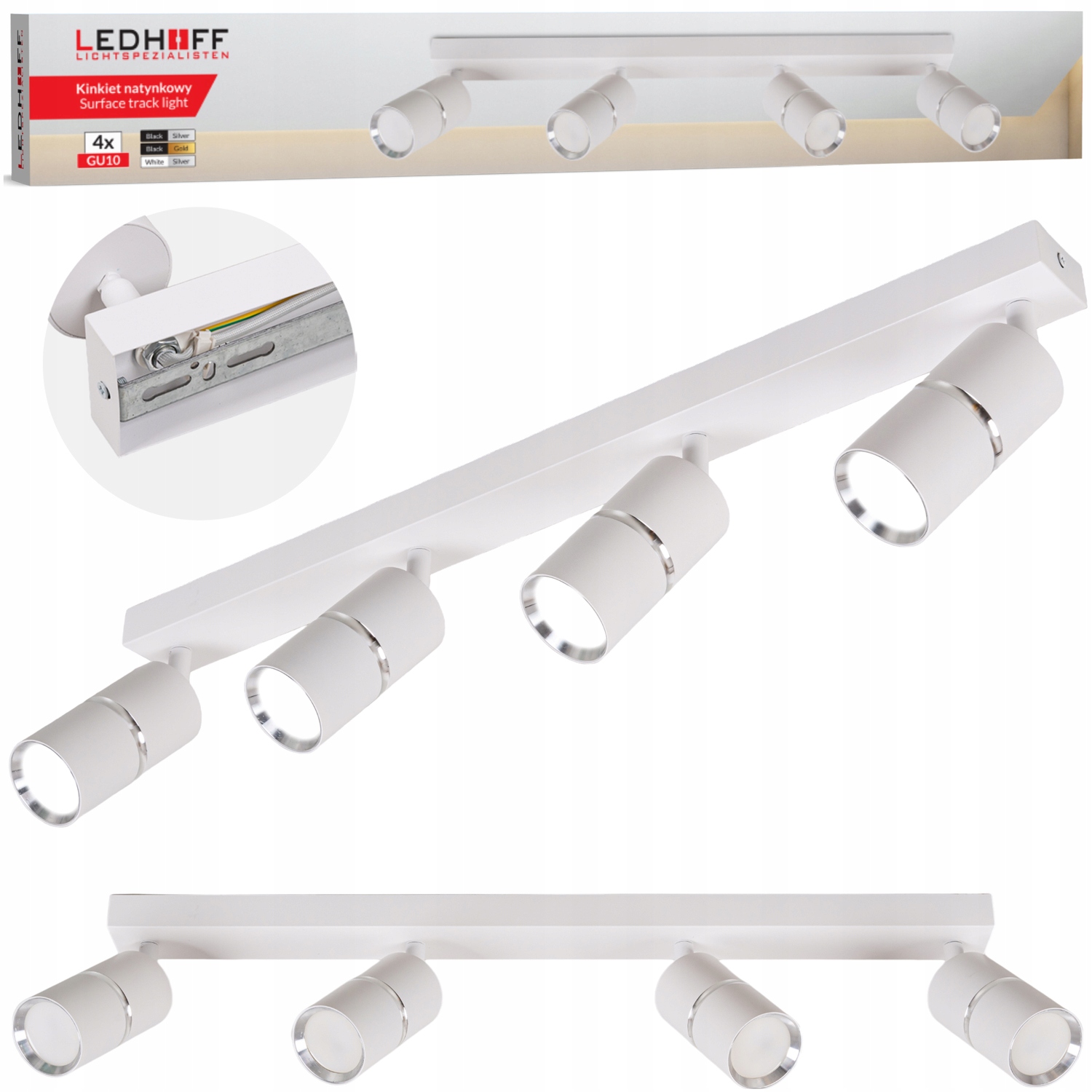 Lampa sufitowa Led szyna Spot oprawa halogenowa 4x GU10 Tuba Biała srebrna