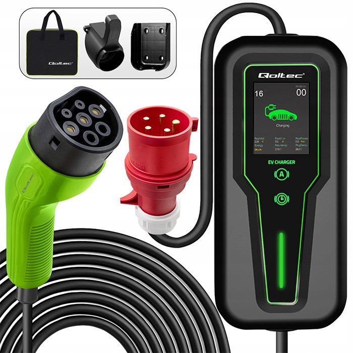 Ev nabíjačka Qoltec mobilná 11 kW zástrčka 32A taška LCD držiak 5 m