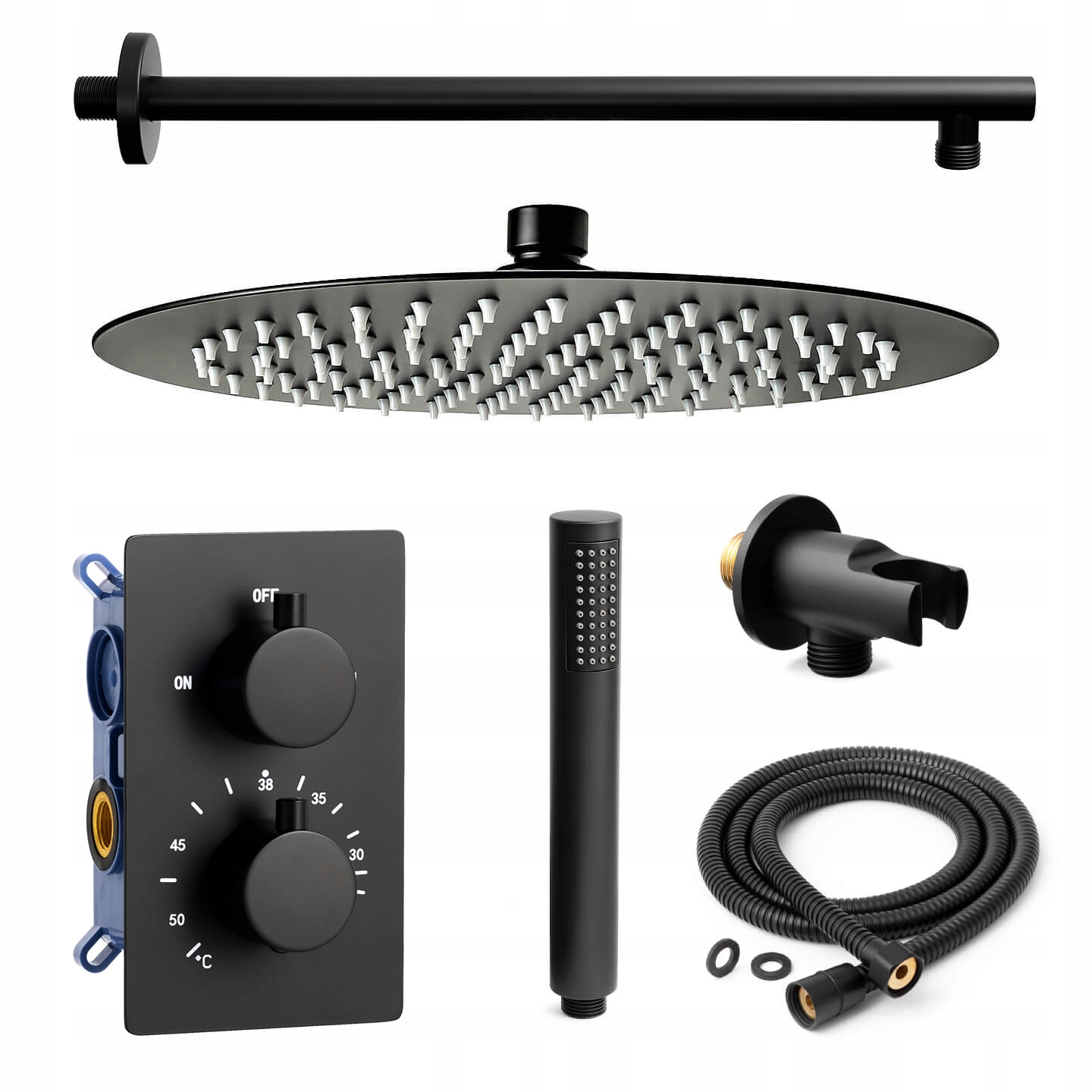 Čierny podomietkový sprchový set Termostat s dažďovou sprchou 25 cm