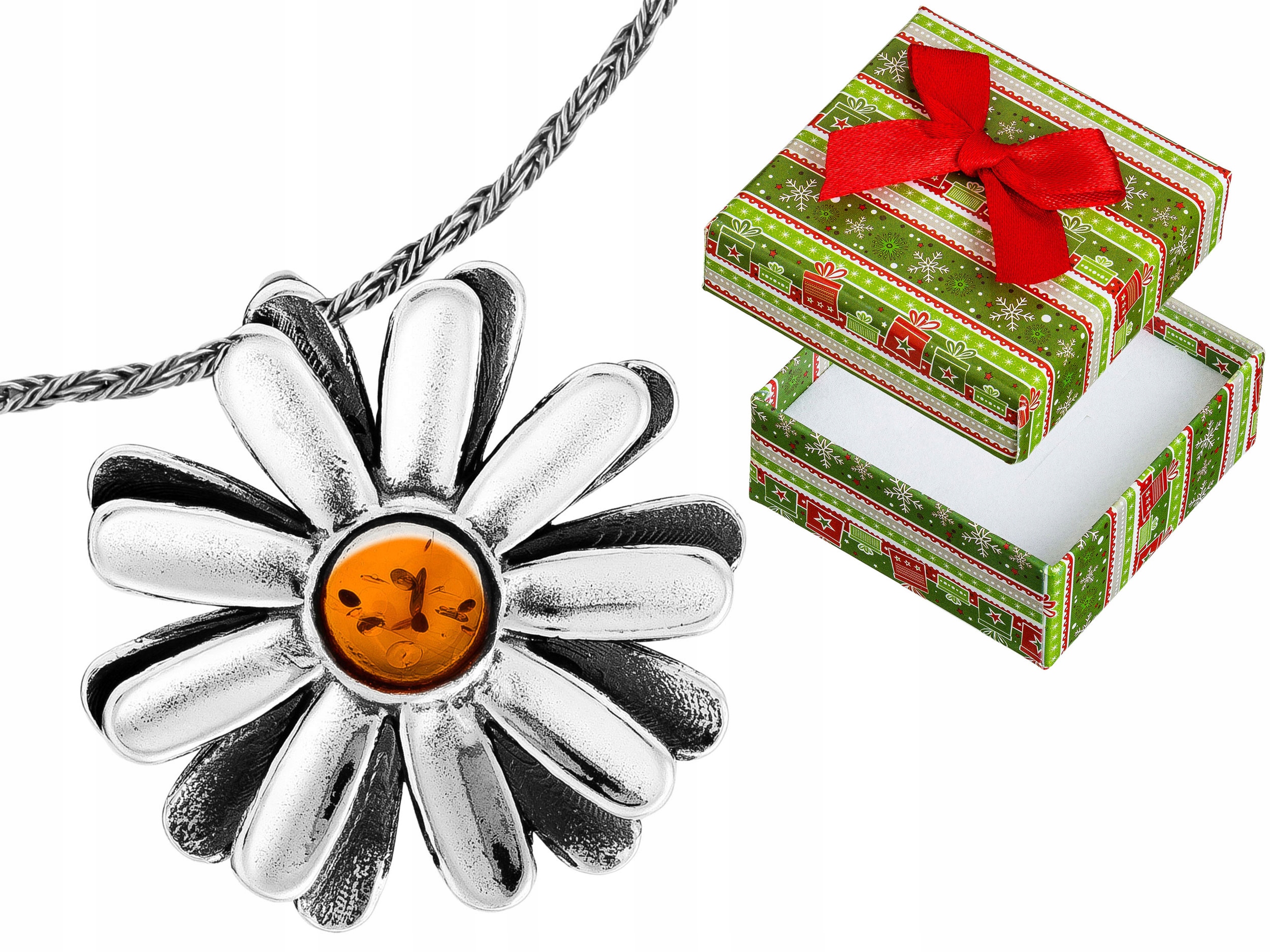 Dlouhý stříbrný dámský náhrdelník s velkým květem sedmikrásky a jantarem Stříbro 90