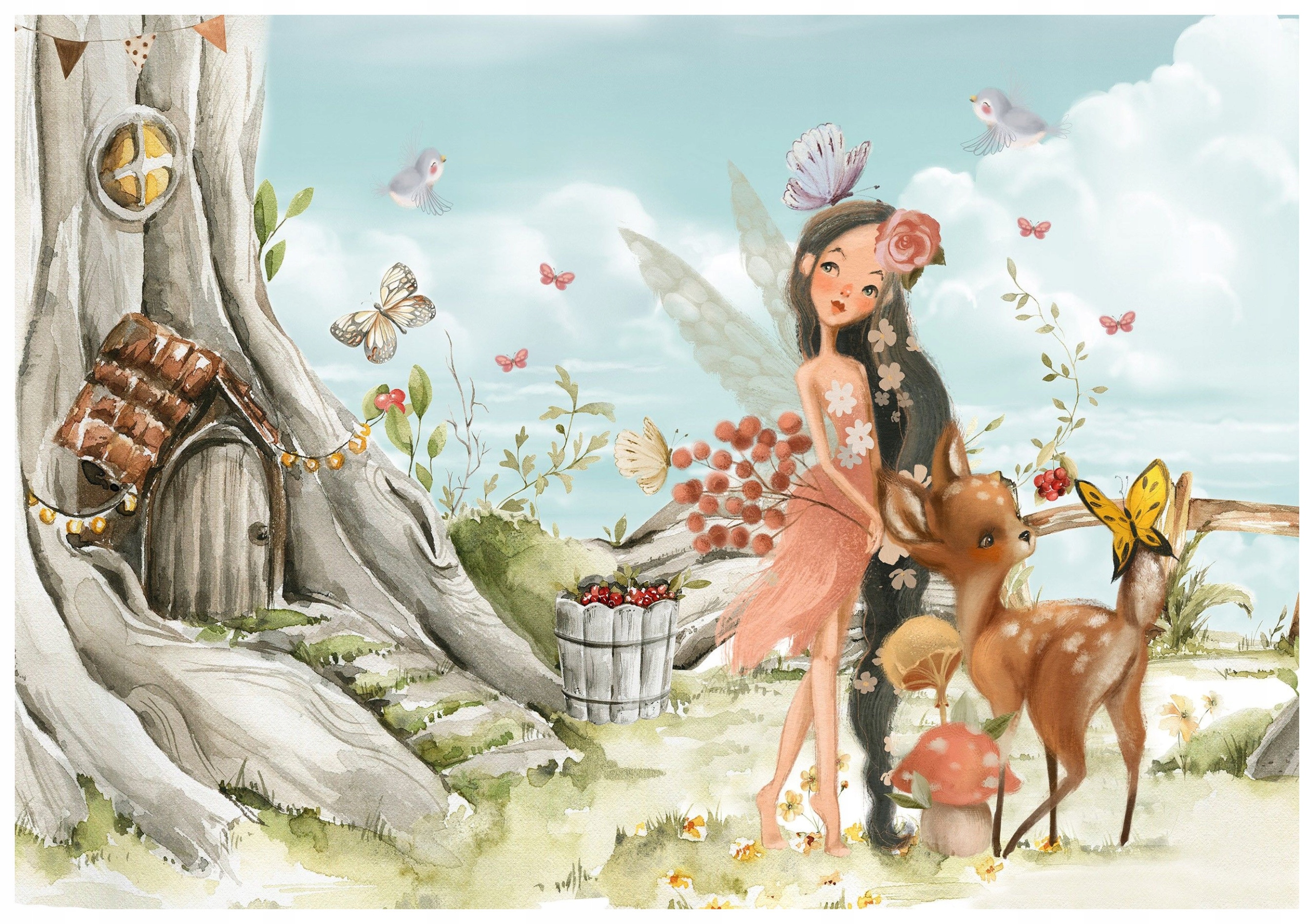 Vliesová fototapeta Pohádkový les s jelenem a vílou 312x219 lepidlo