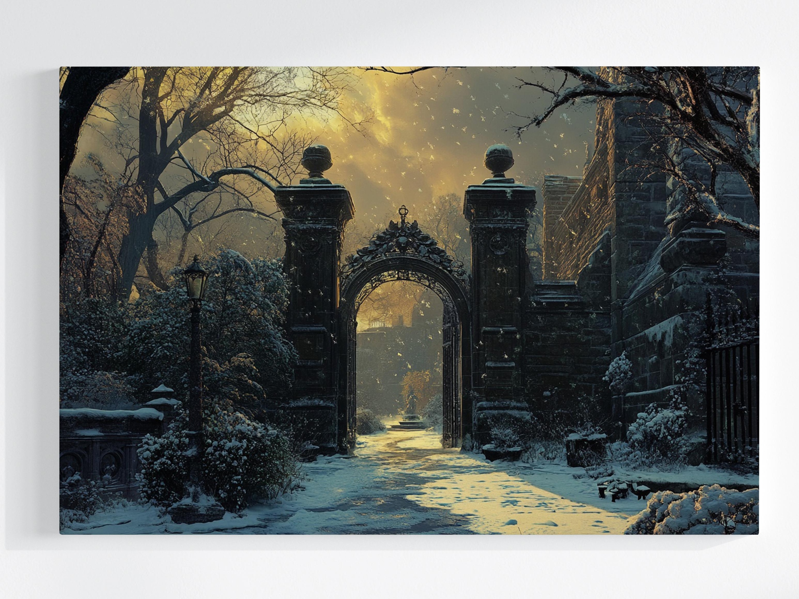 Obraz Na Plátně Canvas Zimní Zahrada Brána Sníh Západ Slunce 120x80