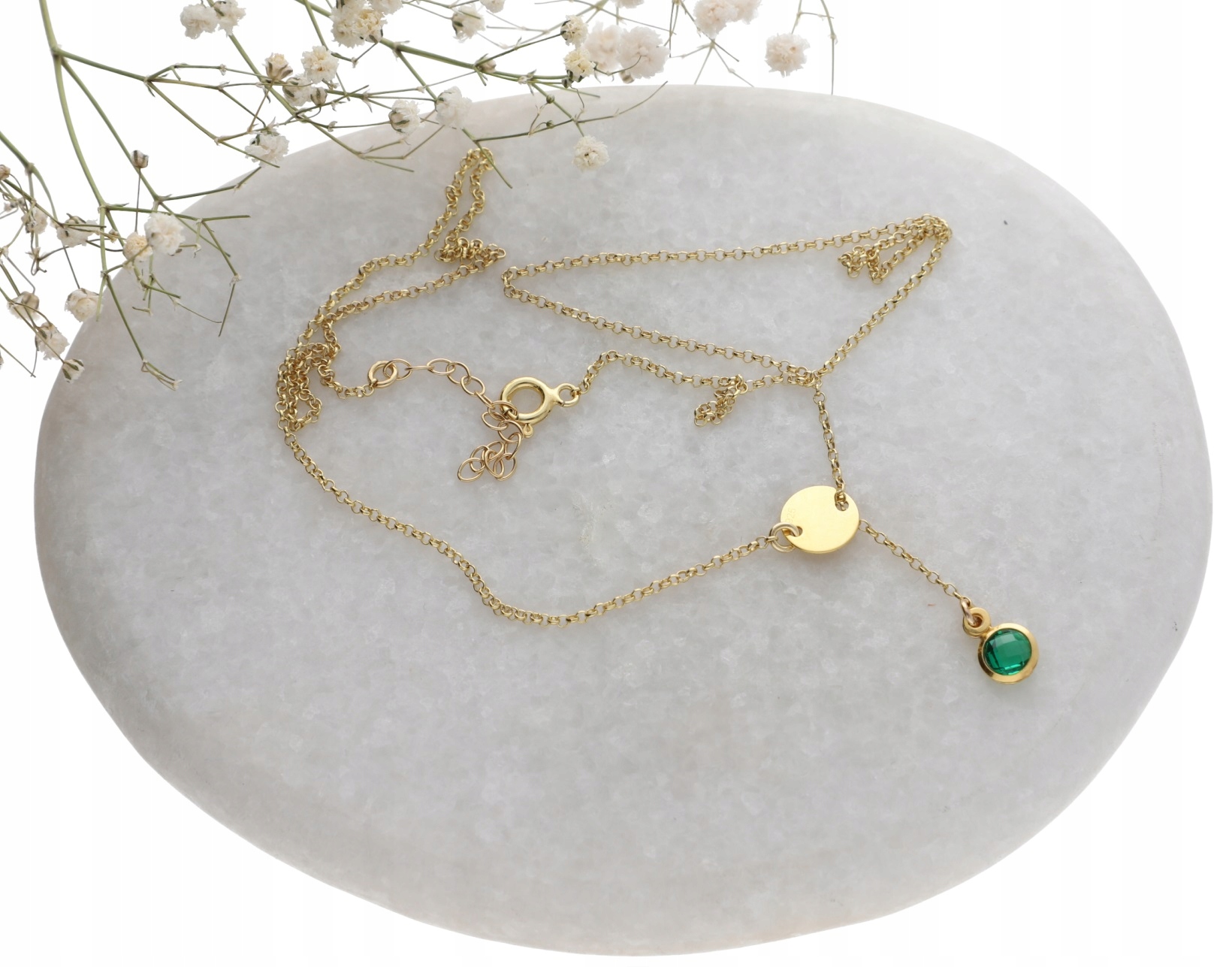 Zlatý řetízek se syntetickým smaragdem a plechem pod gravírování stříbro 925