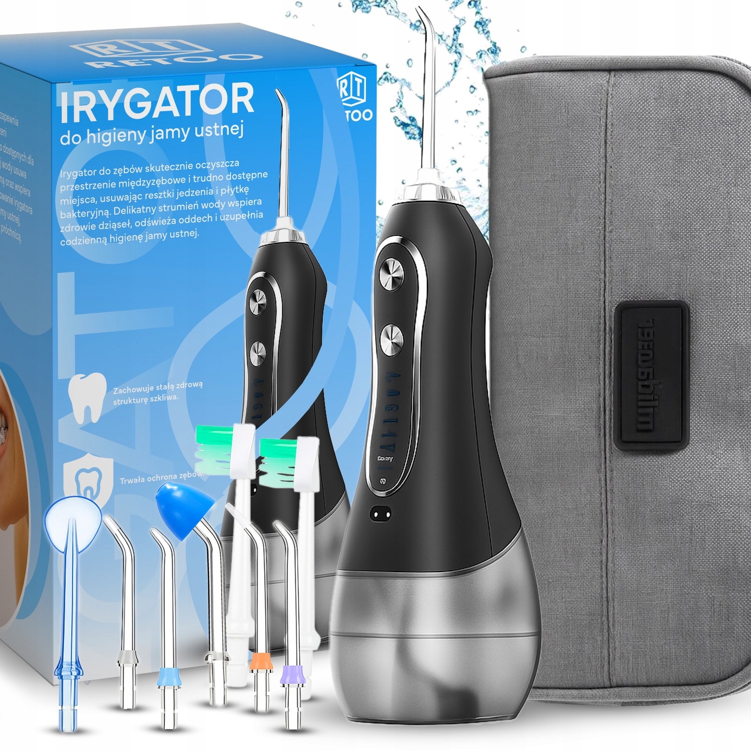 Irygator Do Zębów Bezprzewodowy Dentystyczny 5 Trybów 8 Końcówek 300ML+ETUI