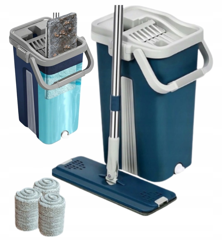 Levně Plochý Mop s dvoukomorovým kbelíkem, 3 utěrky z mikrovlákna, modrá barva, 40 cm