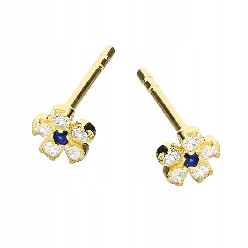 dětské zlaté náušnice 585 s květy a safírovými a bílými zirkony